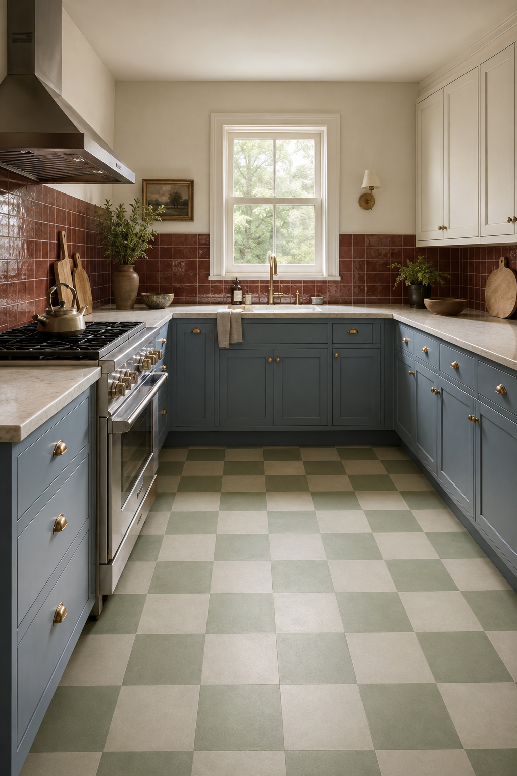 A dusty-blue kitchen with sage checks, muted brick tile, a vented range, and a clear work zone.