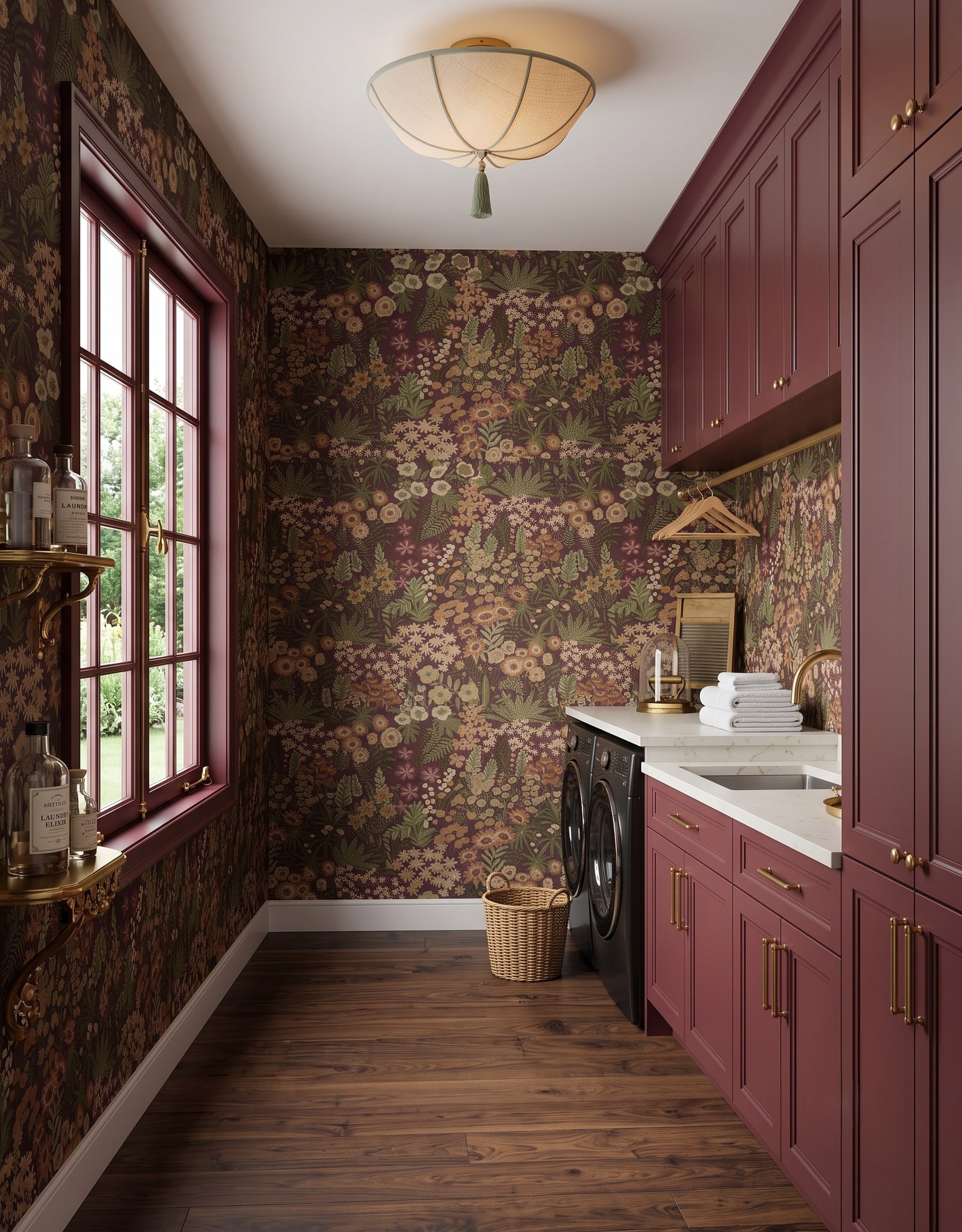 A burgundy laundry room with a front-load pair beneath a counter, an adjacent sink, tall closed storage, and open floor for service access.