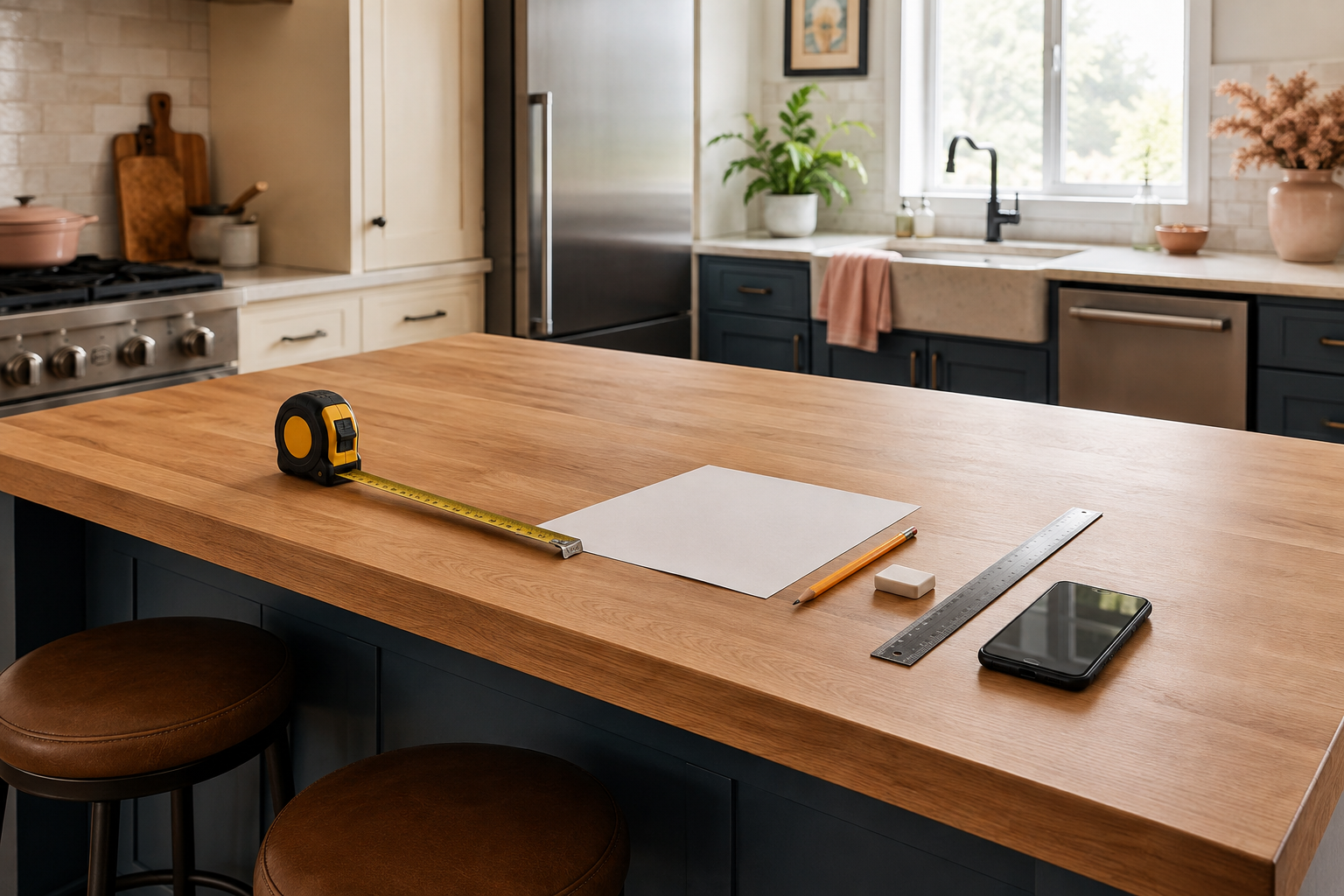 Tape measure, pencil, paper, ruler, and phone ready on a kitchen island for a first planning pass.