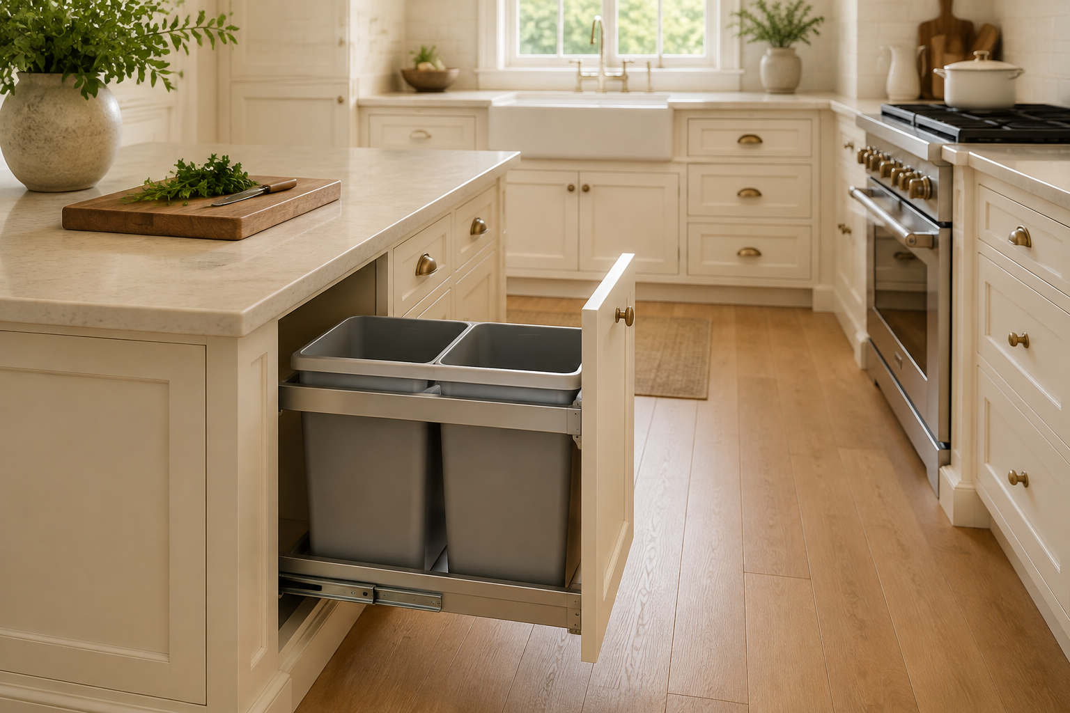 Two-bin pullout open beside a clear preparation counter while the nearby sink and cooking aisle remain unobstructed.