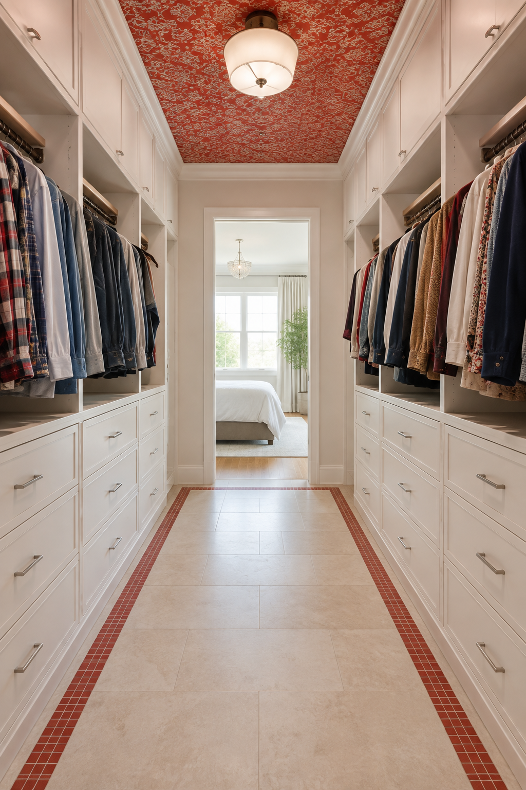 White walk-in closet storage with red ceiling and floor accents and an unobstructed center path to the adjoining bedroom.