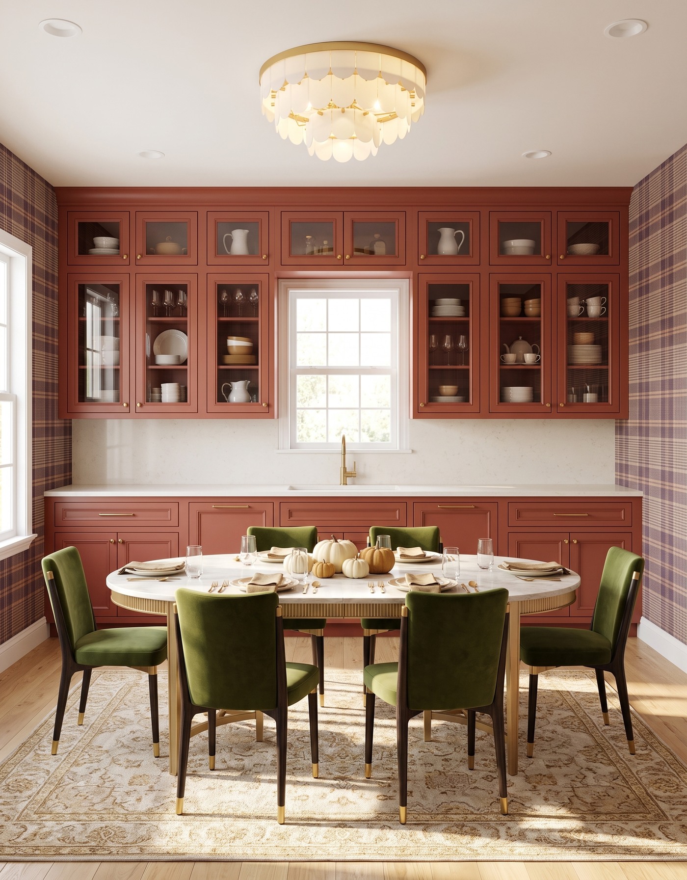 AI-created concept: Burnt-orange kitchen with plum plaid, olive chairs and a pale oval table with simple autumn place settings.