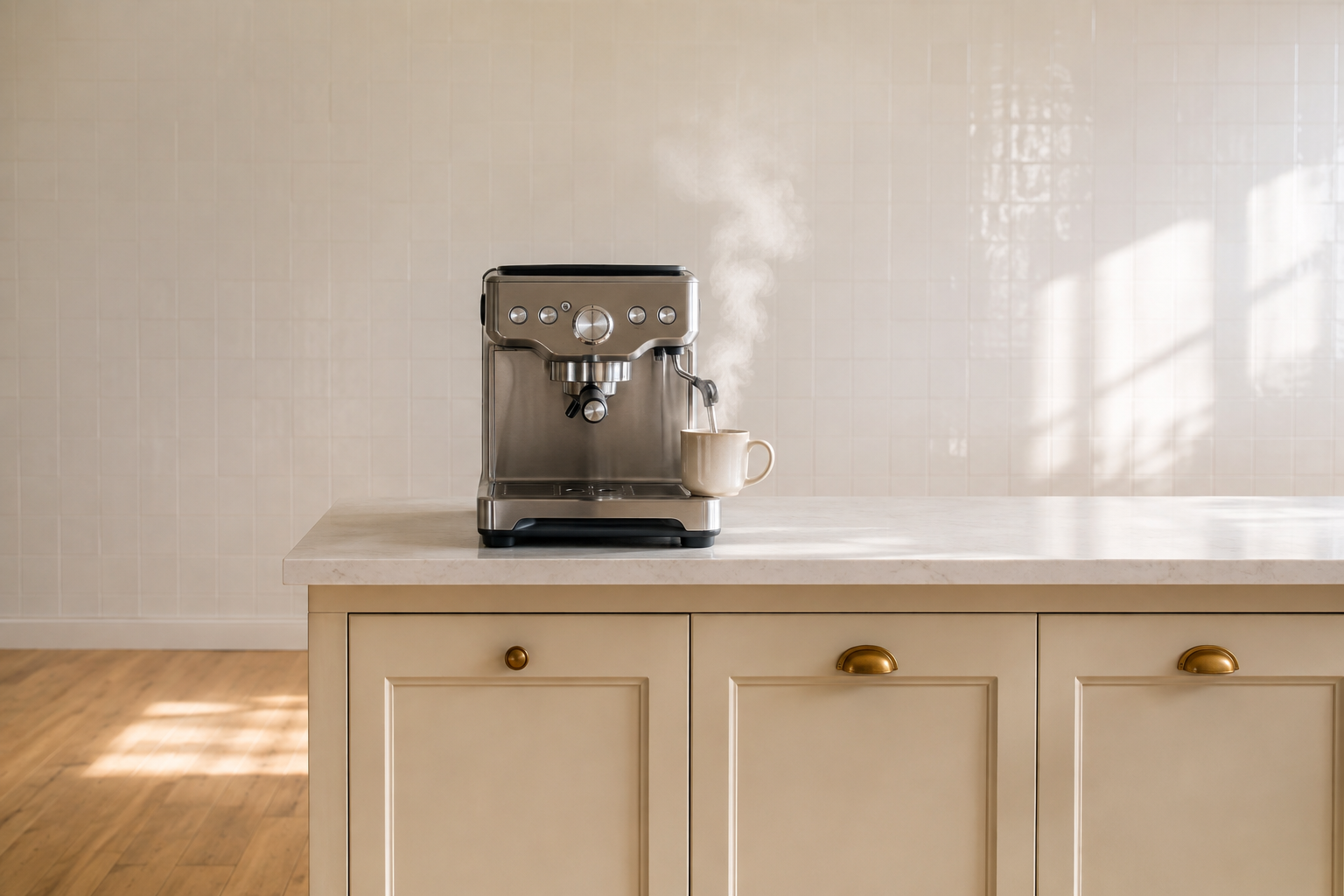 Coffee maker pulled to the front of an open niche with steam rising into clear open air away from the shelf above.