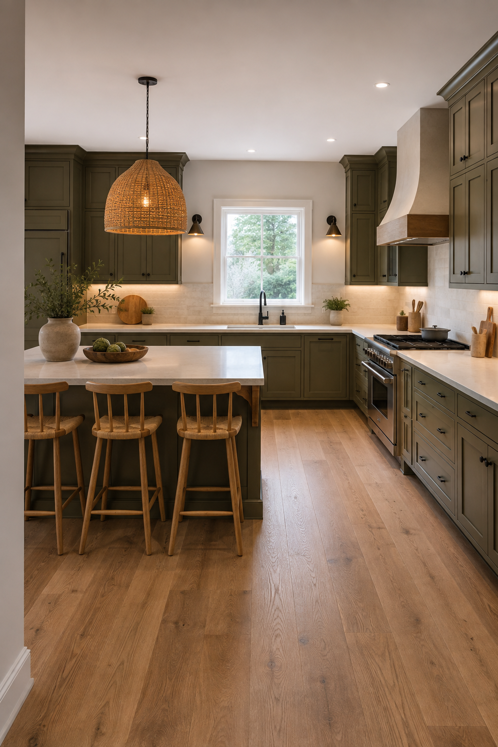 Concept image of a moss green kitchen with a woven pendant over an island, three stools on its room-facing side, and task lights around the sink and range.