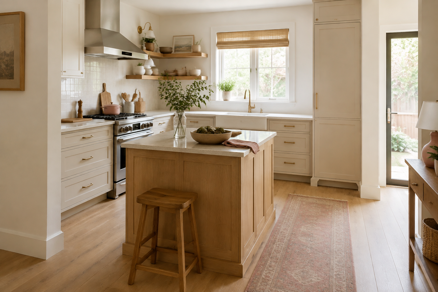 Modest kitchen with a compact oak island and generous open floor around it.