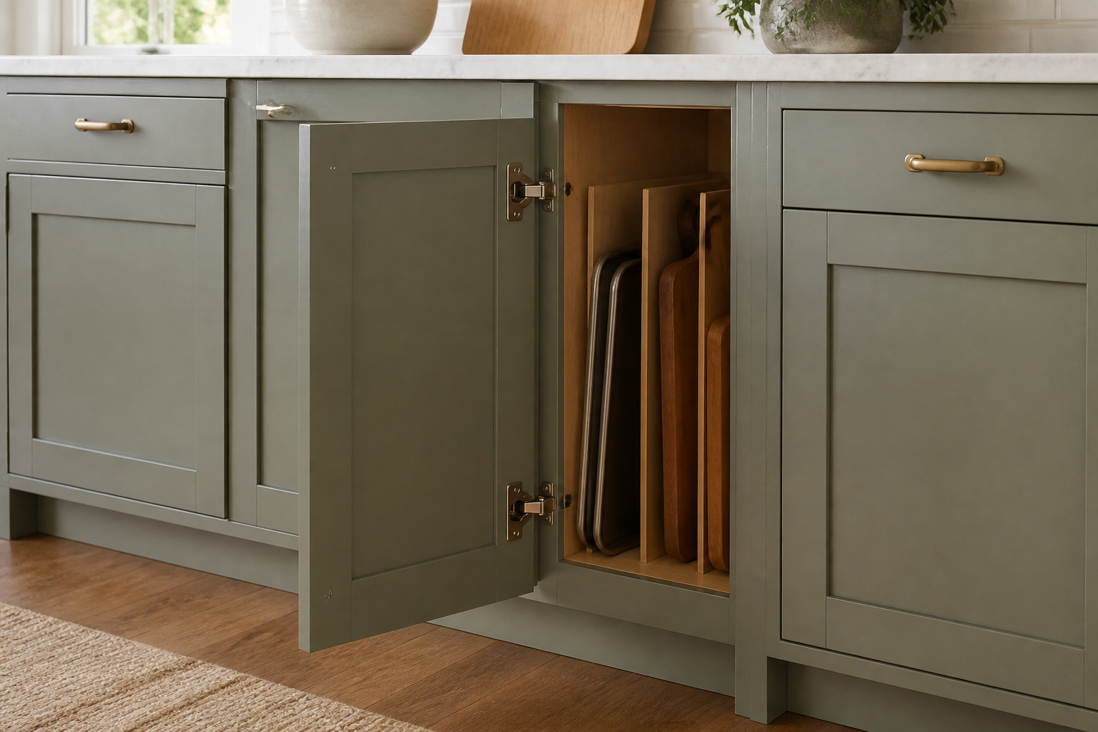 Narrow sage base cabinet with one solid hinged door open to show vertical dividers holding sheet pans and cutting boards.