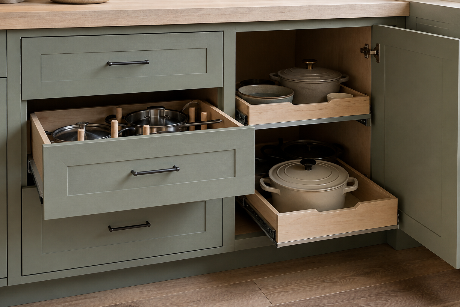Adjacent base cabinets compare a deep pot drawer with adjustable pegs and two pullout shelves behind a properly hinged door.