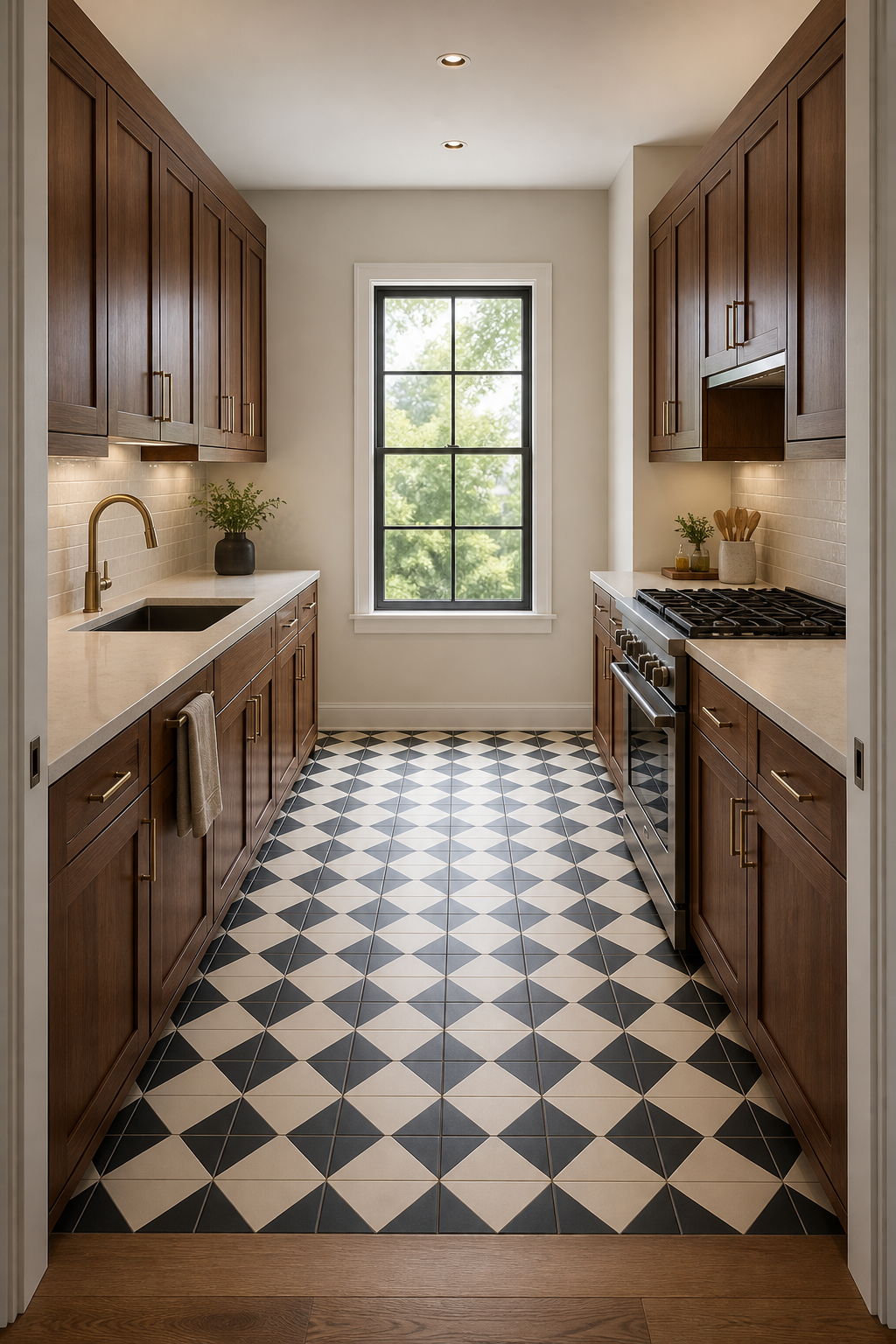 Walnut two-wall galley with black-and-cream geometric tile aligned down a clear aisle toward a window.