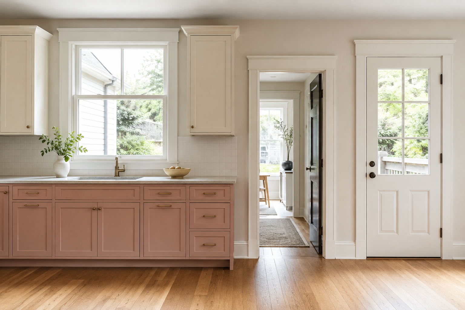 Concept image of a rose and ivory kitchen wall with a trimmed window, cased doorway, and exterior door beside the cabinet run.
