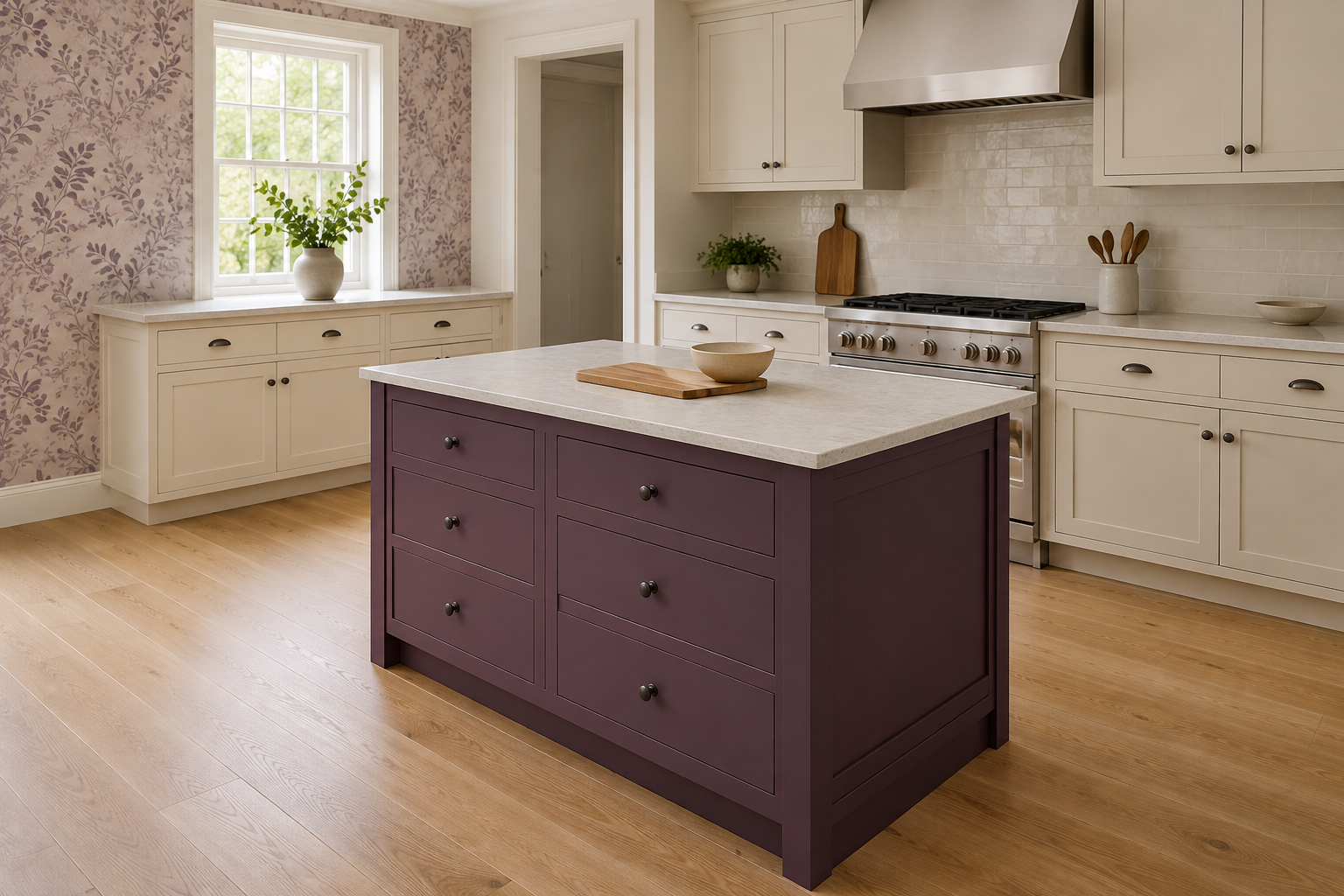 Generated concept of a plum preparation island with closed drawers, a clear worktop and no seating, sink or cooktop.