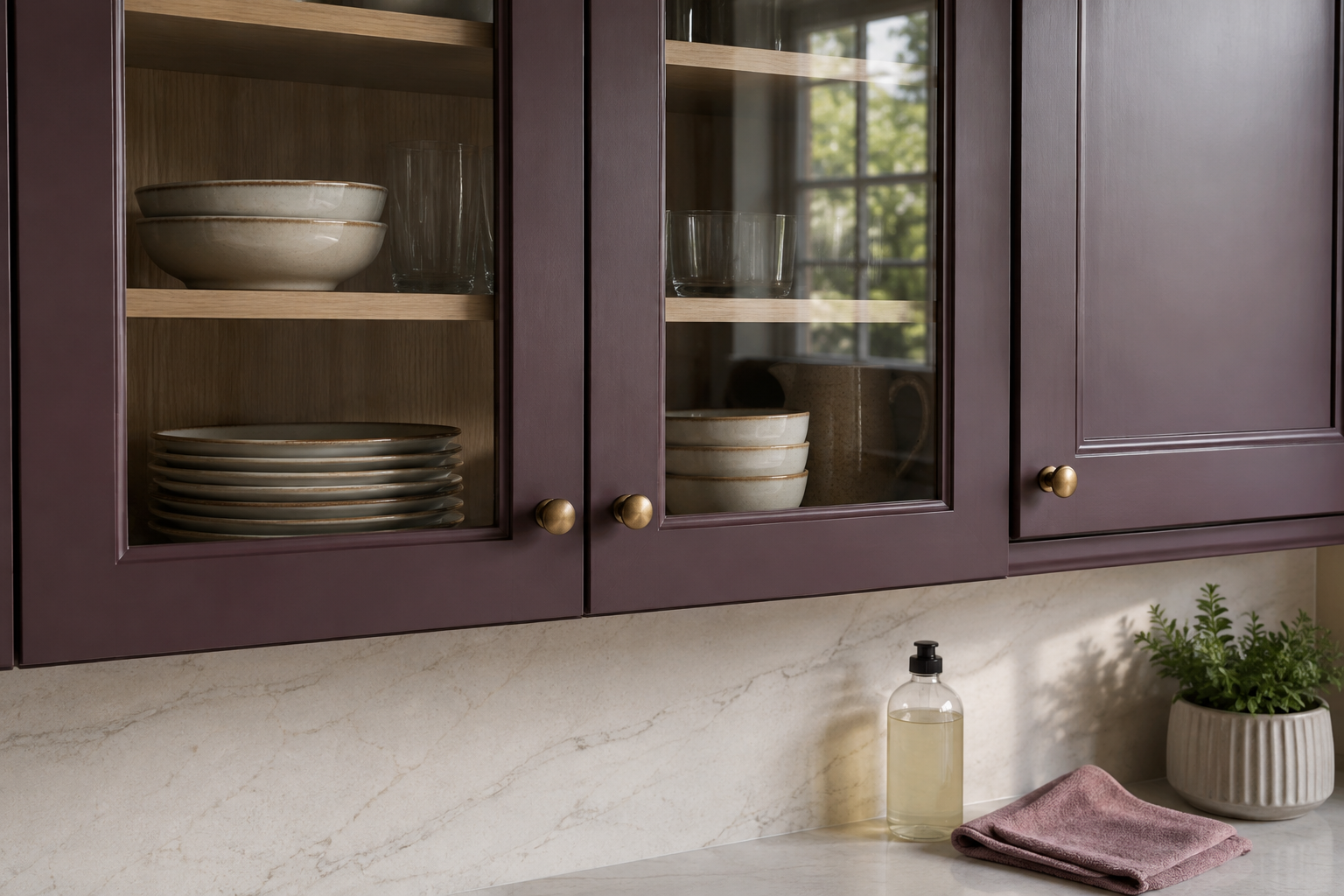 Close view of a cloth and glass cleaner beside reflective glass cabinet doors, with dishes correctly visible on shelves inside the attached cabinet.