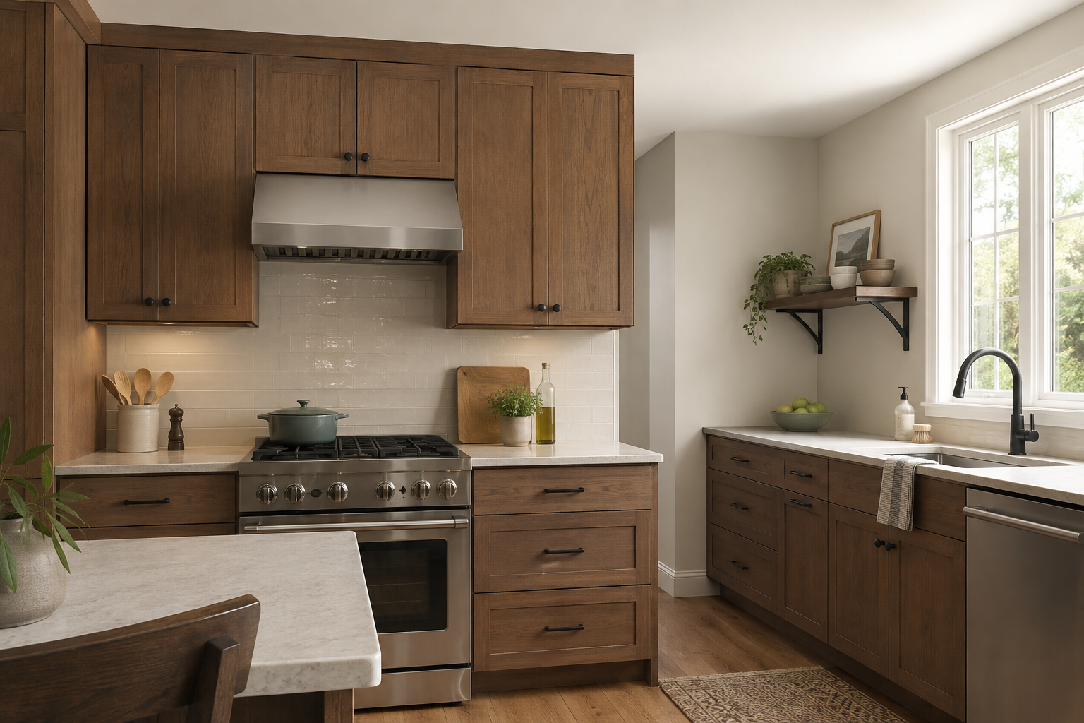 Closed upper cabinets around a residential range with a short open shelf farther away near a bright prep area.