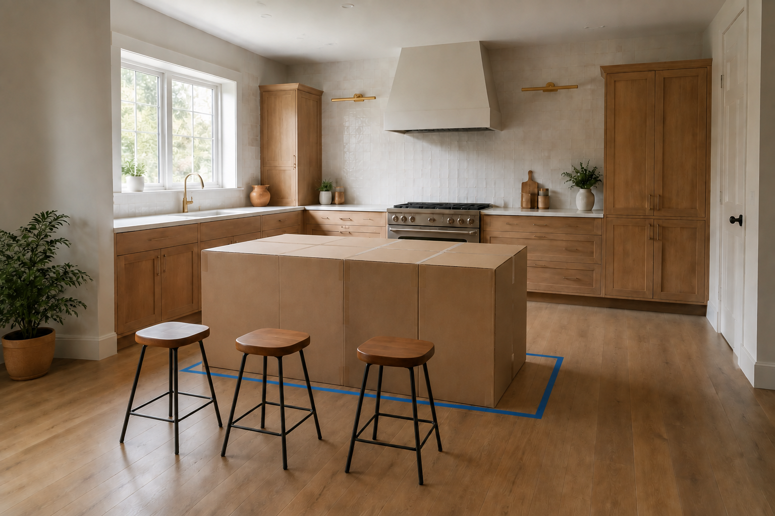 Kitchen floor with painter's tape outlining an island, stools along one edge, and a cardboard box suggesting its mass.