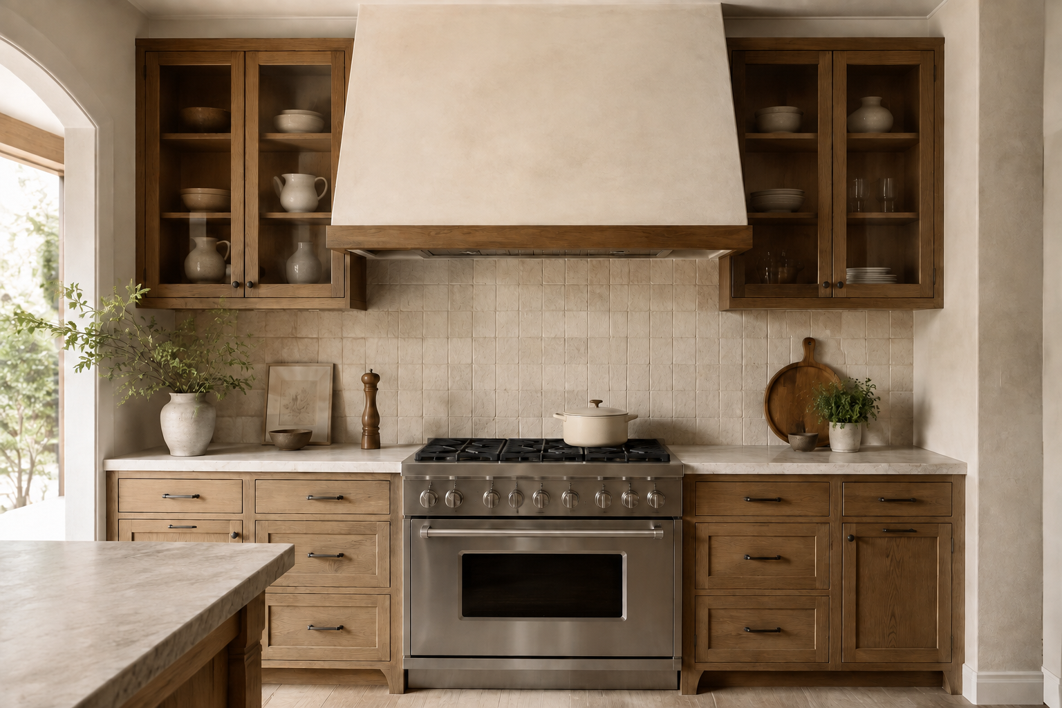 Balanced cooking wall with blank range, plaster hood, wood cabinets, counters, and tile transitions.