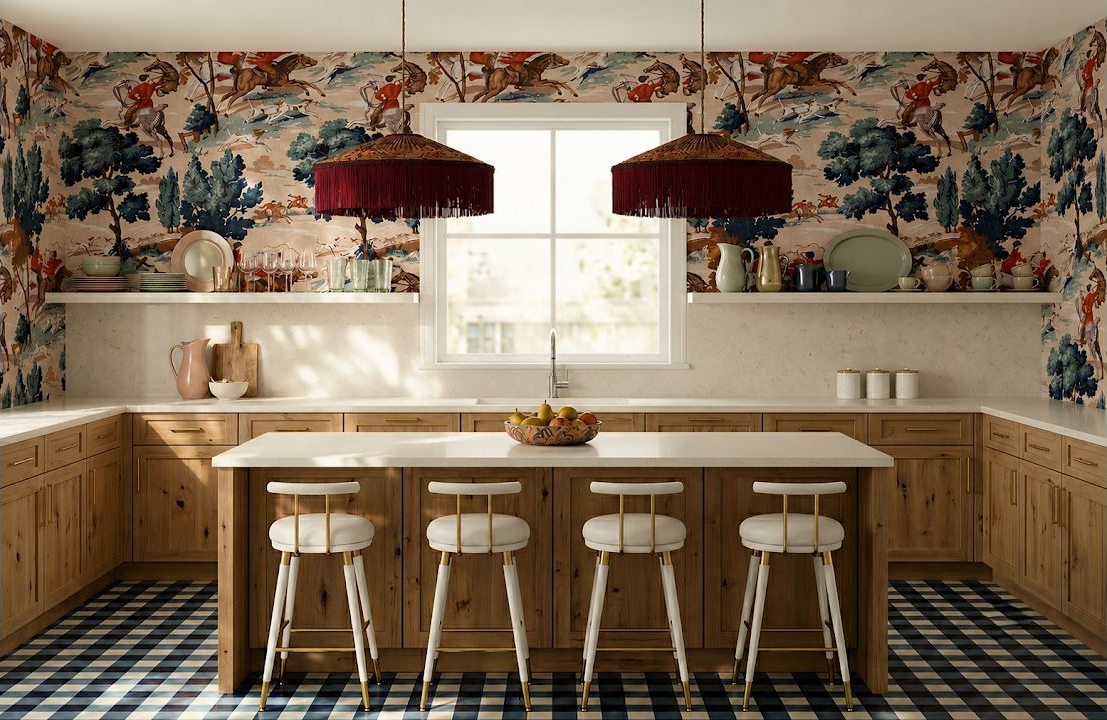 Concept image of a wide kitchen with equestrian toile wallpaper, natural wood cabinets, burgundy pendant shades, and a dark checkerboard floor.