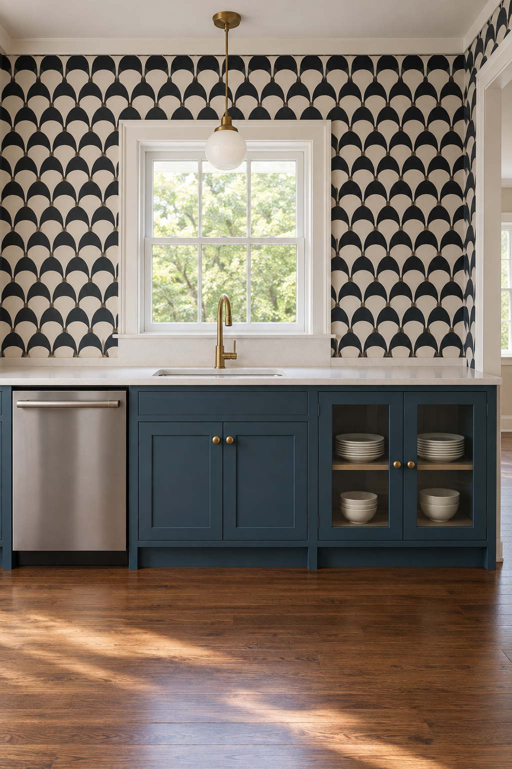 Generated kitchen concept with a closed dishwasher, a separate closed sink base and nearby glass-front dish storage in peacock-blue cabinetry.