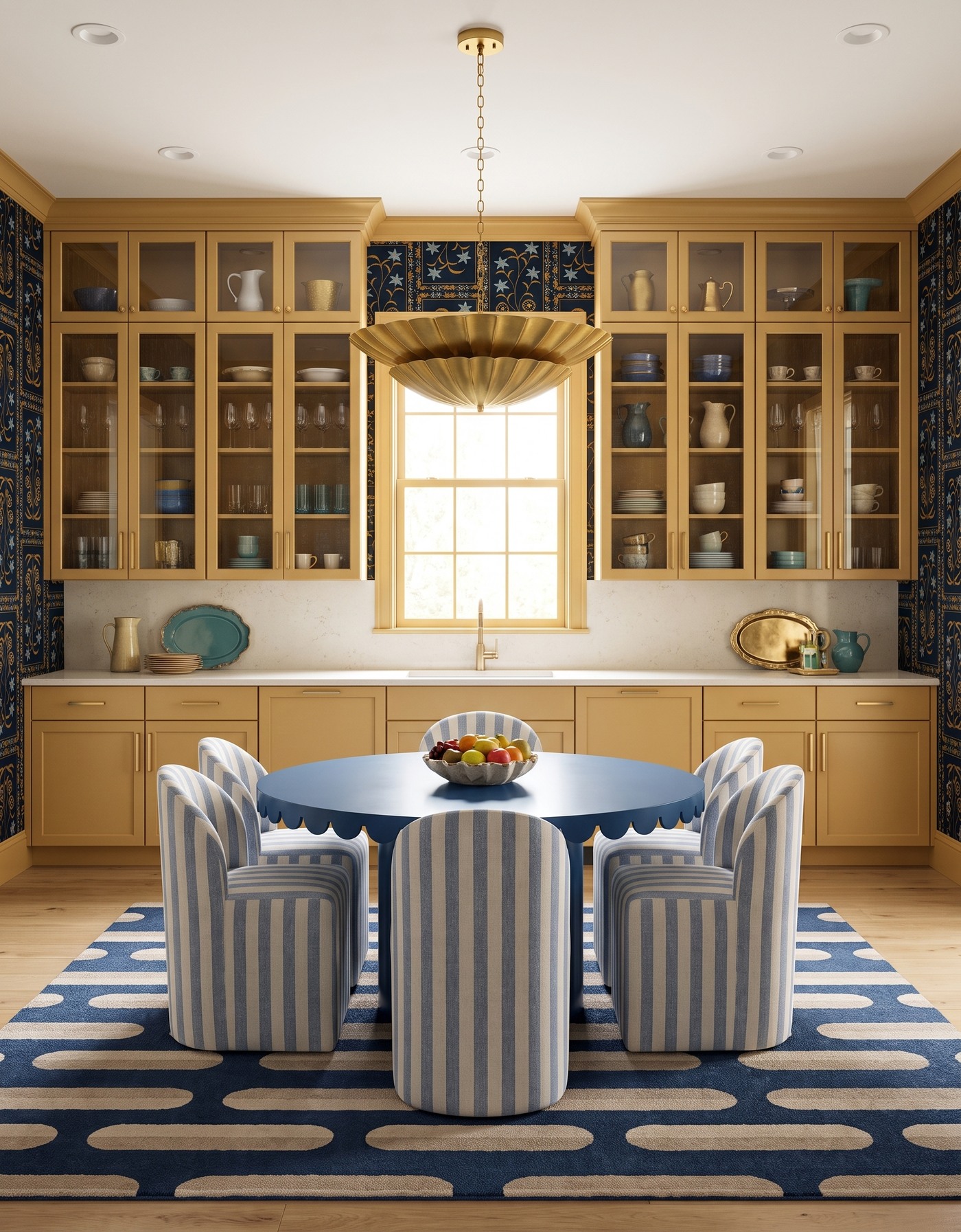 AI-created concept: Golden kitchen cabinets with dark botanical wallpaper, a round blue table, blue striped chairs and a brass-toned pendant.