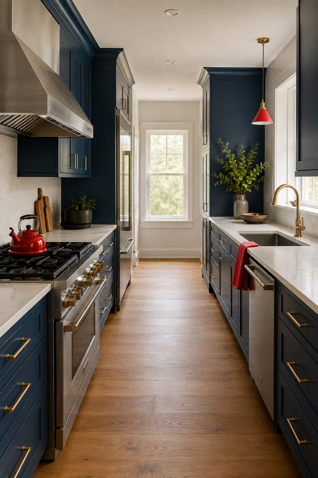 A deep-blue galley with a vented range, separate sink, open aisle, and three focused red accents.