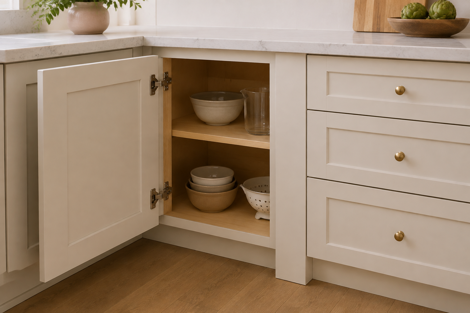 Open corner cabinet beside closed perpendicular drawers, with a wide filler strip preserving hinge and front clearance.