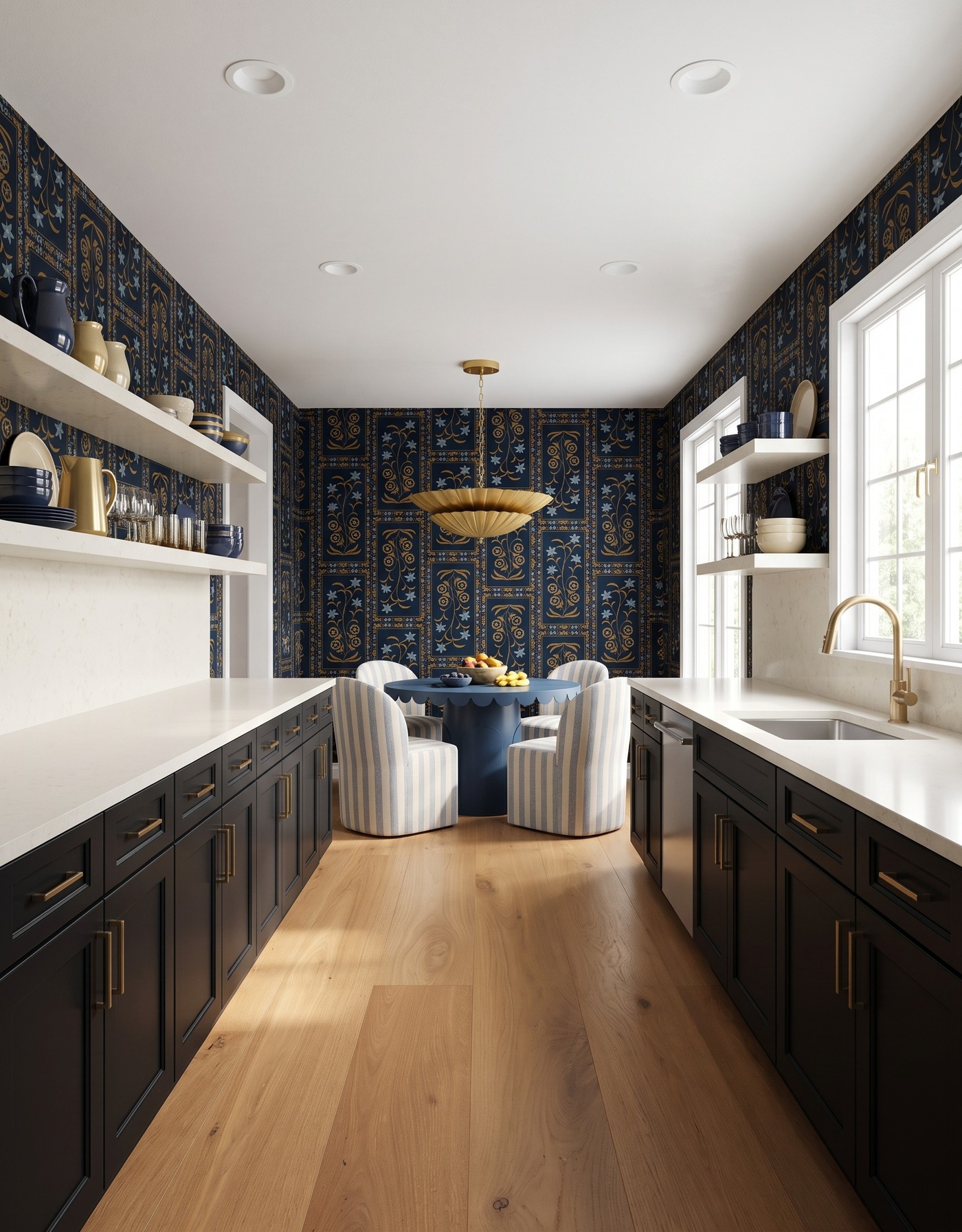 AI-created concept: Black galley cabinets with dark botanical wallpaper, a blue round table and striped upholstered chairs.