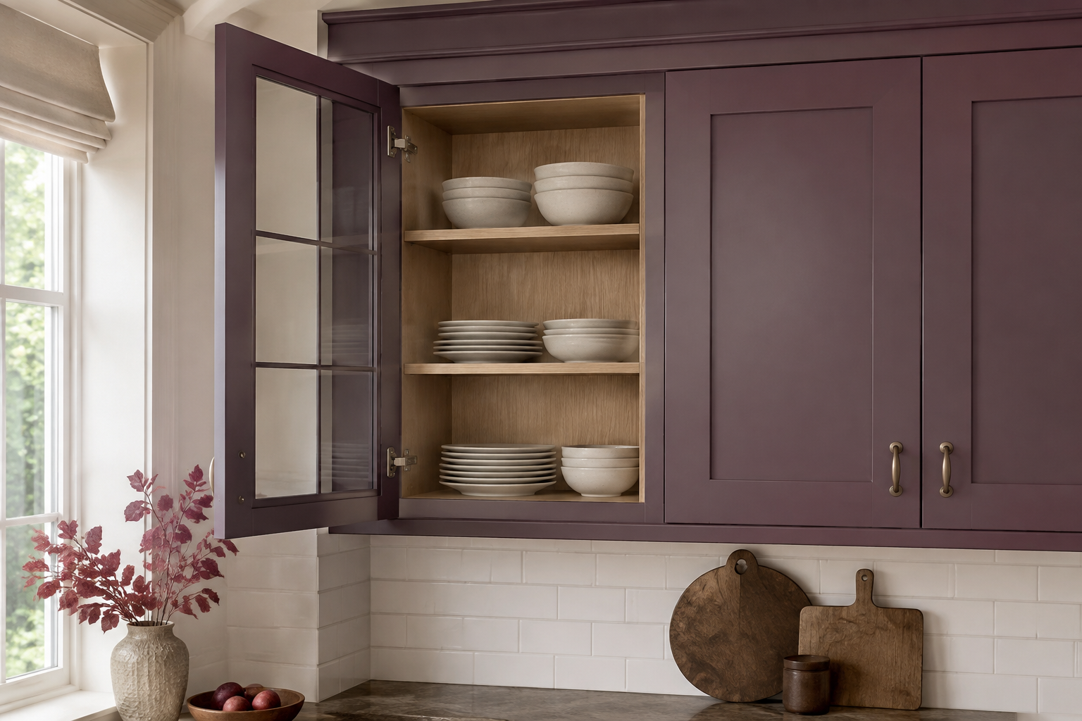 One real glass cabinet door open about ninety degrees on visible hinges from a complete wall cabinet with supported shelves.