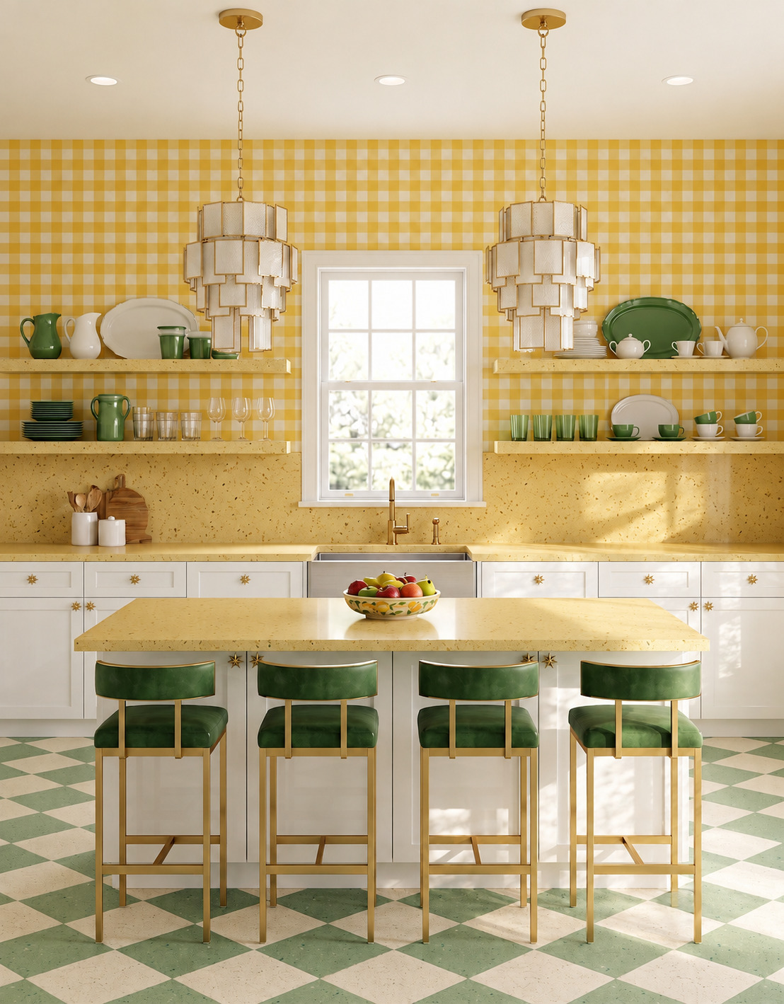 Anna design concept showing green, yellow, check, cabinetry and layered interior details.
