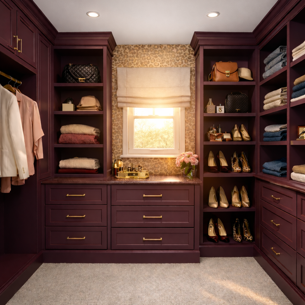 A plum closet wall with open shelving, shoe storage, closed drawer banks, a window, and clear floor space in front.