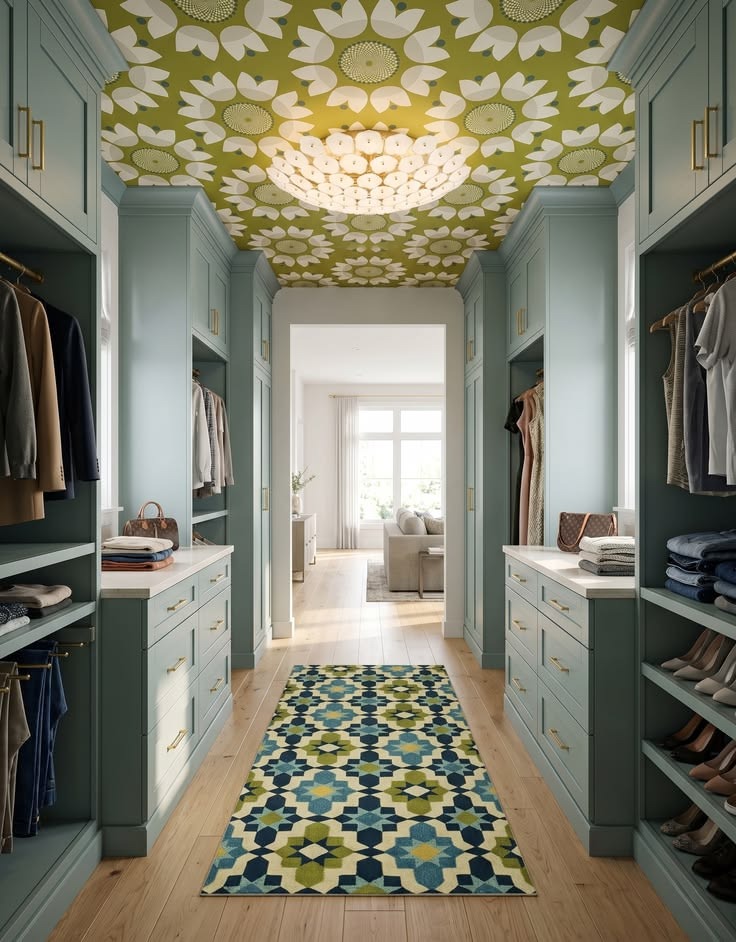 Blue pass-through utility storage with work surfaces, hanging space, and a clear center route.