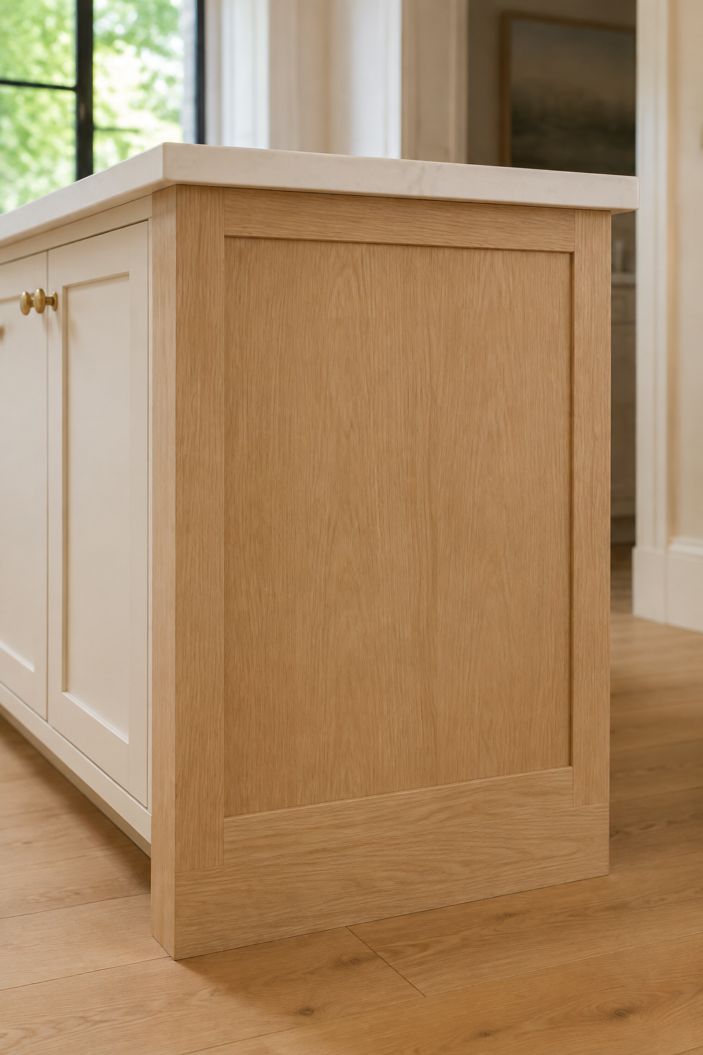 Pale oak kitchen island with one fixed frame-and-panel finished end, continuous toe kick, and no false door hardware.
