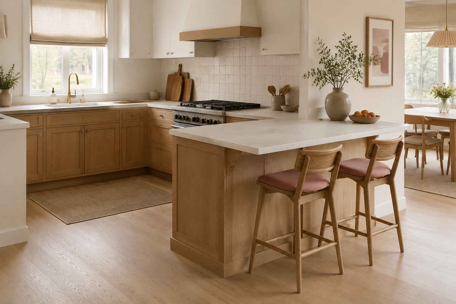 L-shaped kitchen extended by an attached peninsula that separates the work area from dining.