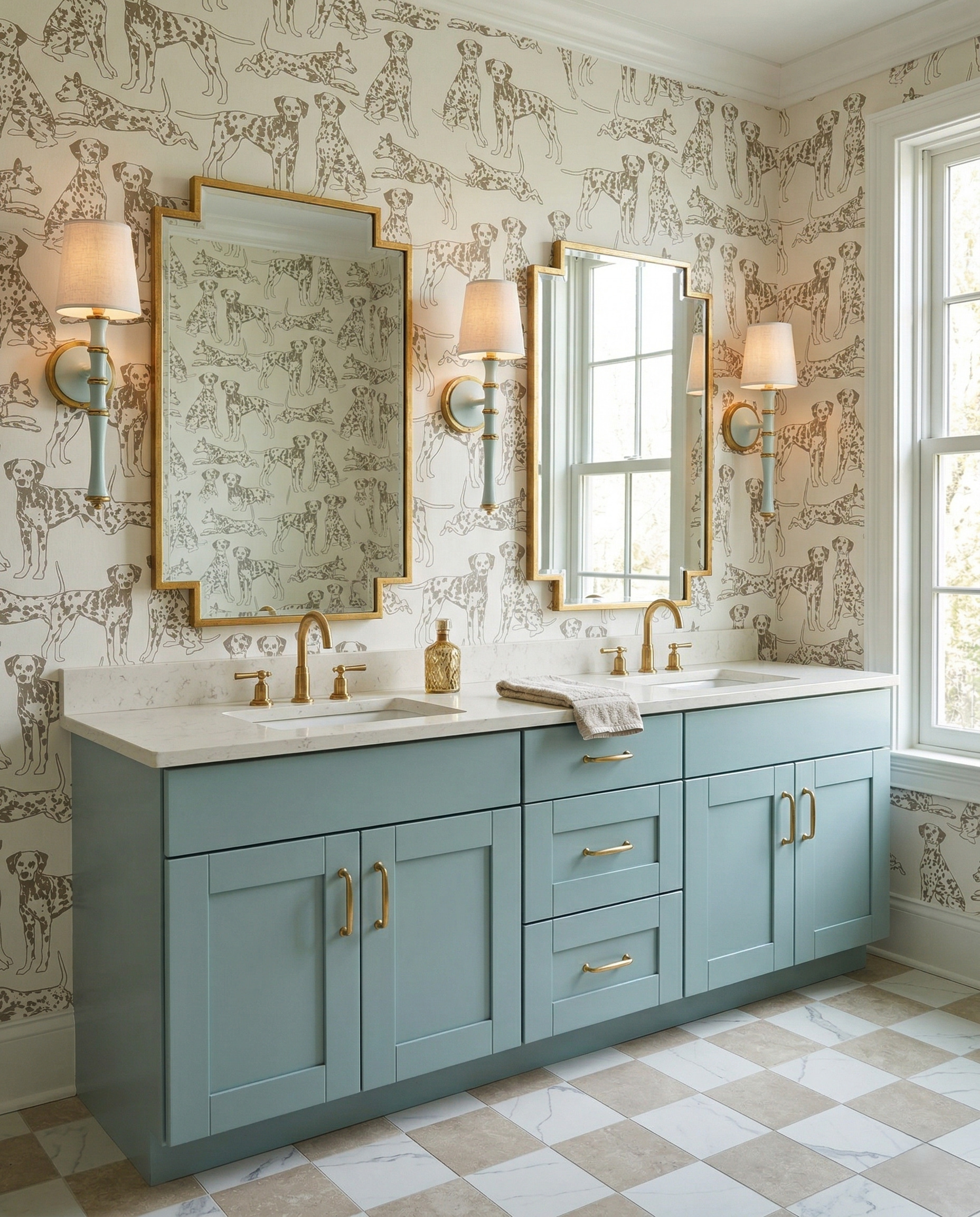 Powder-blue double vanity with taupe dog-print wallpaper, stepped gold mirrors, pale blue shaded sconces and a cream checked floor.
