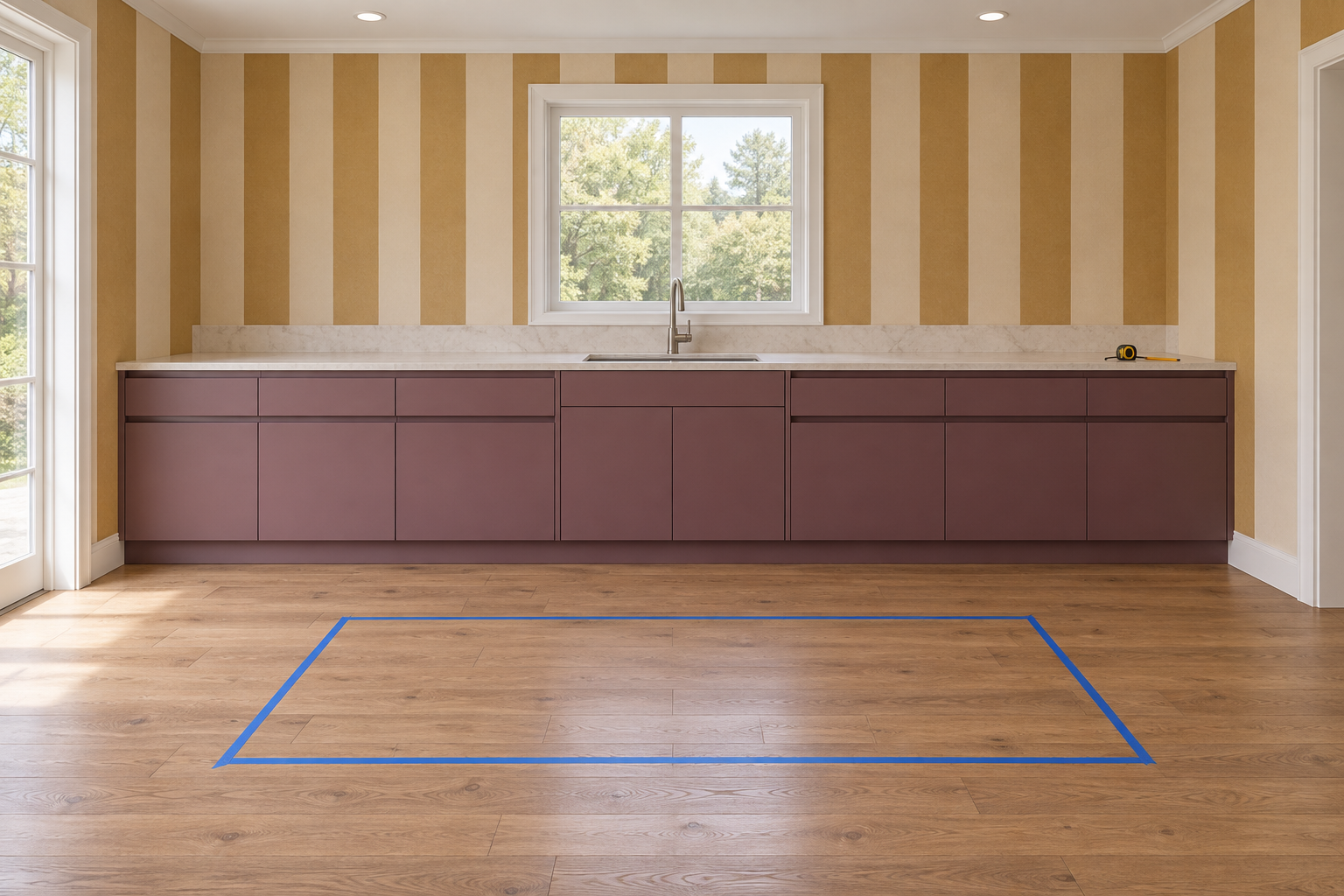 Generated planning concept with a blue taped island footprint on an oak floor in front of handleless mulberry cabinets.