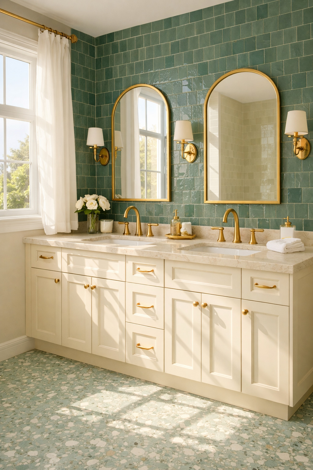 Cream double vanity with glossy muted green wall tiles, arched gold mirrors, a pale green speckled floor and a curtained side window.