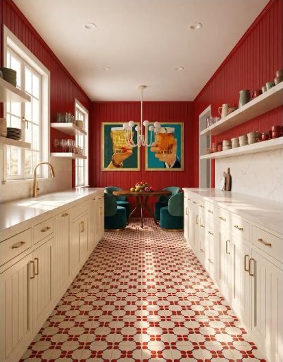 Red beadboard creating movement behind a kitchen work surface.