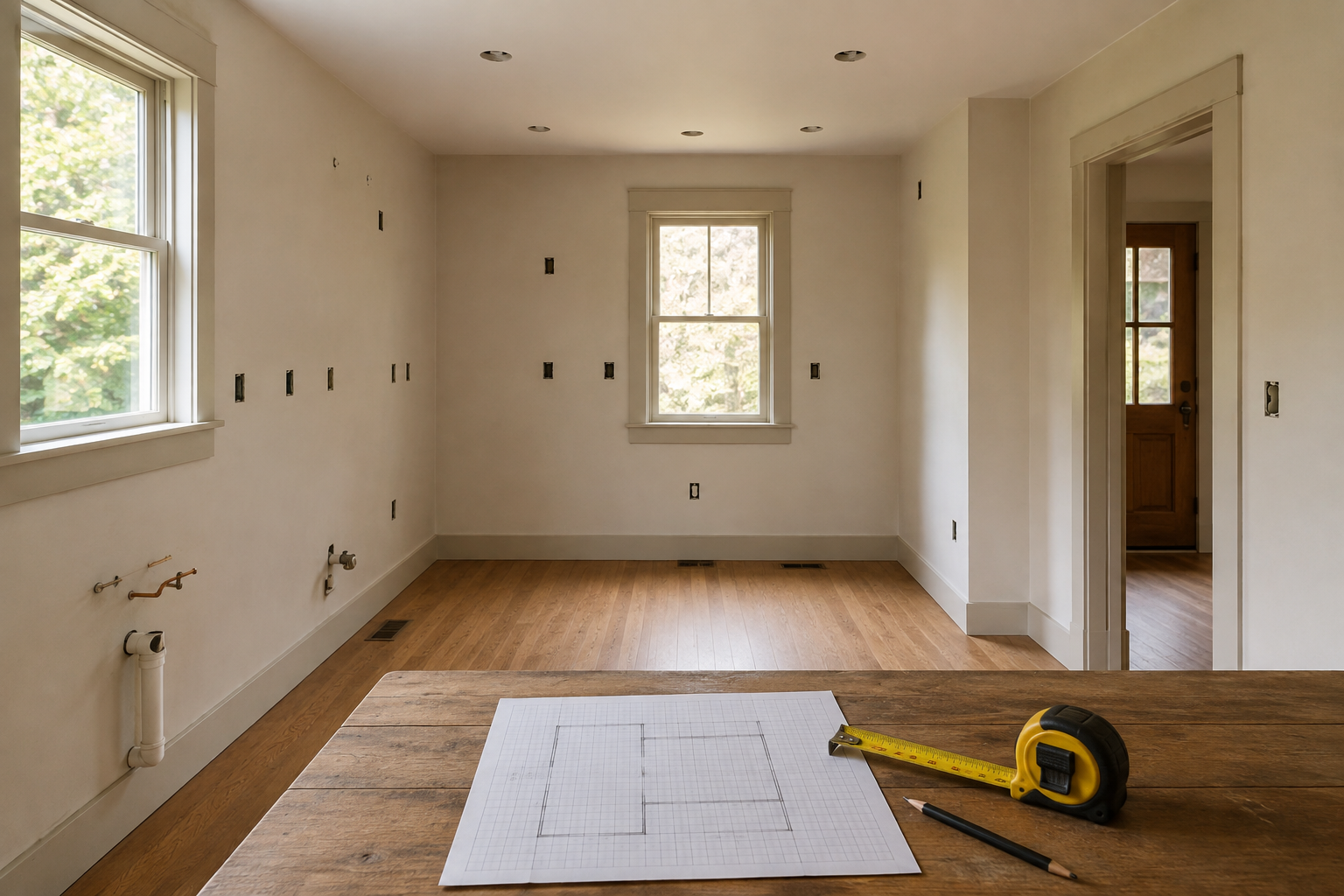 Kitchen room shell with wall returns, openings, trim, and a simple measuring sketch on a worktable.