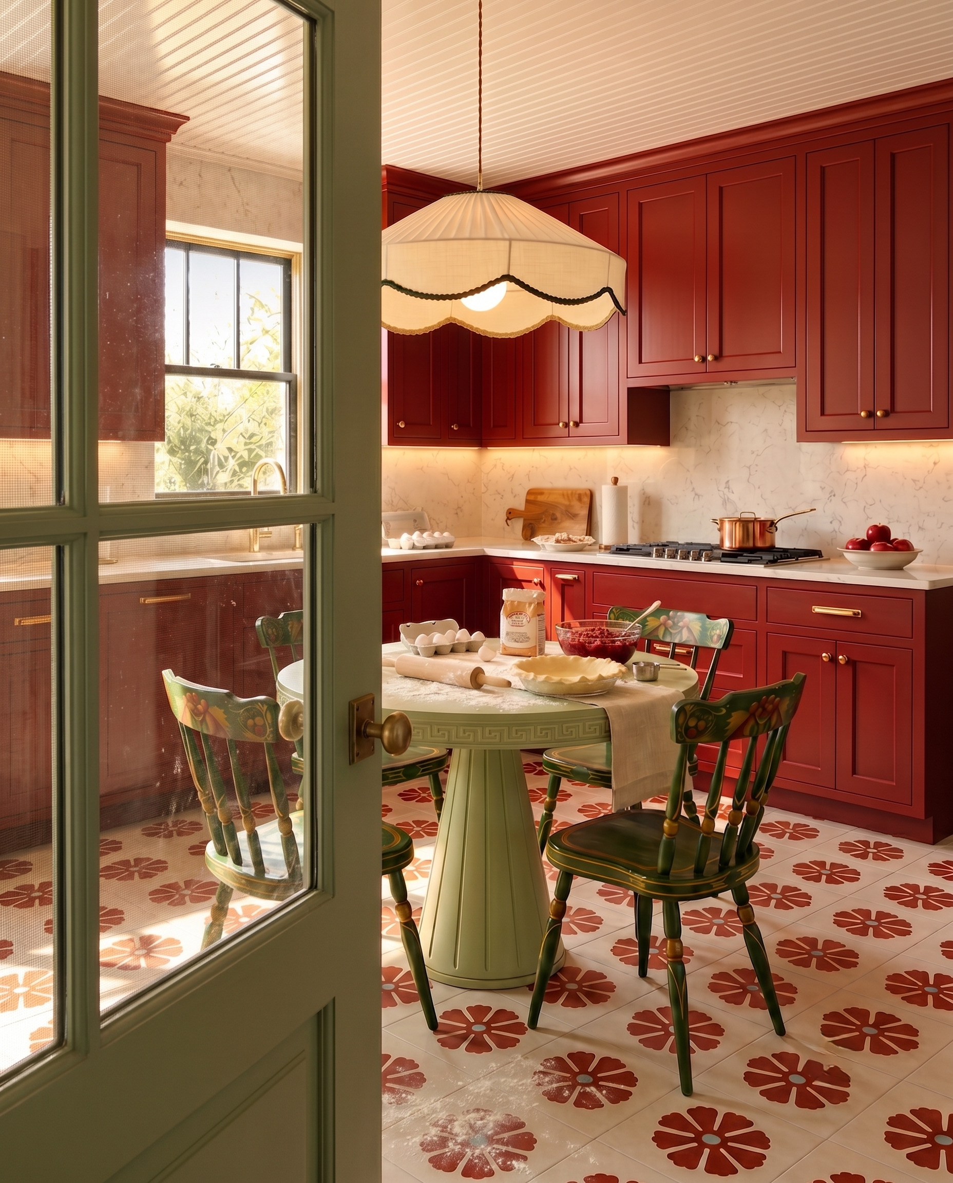 A green doorway frames red kitchen cabinets, a green breakfast table and cream square floor tiles with rust-red flower motifs.
