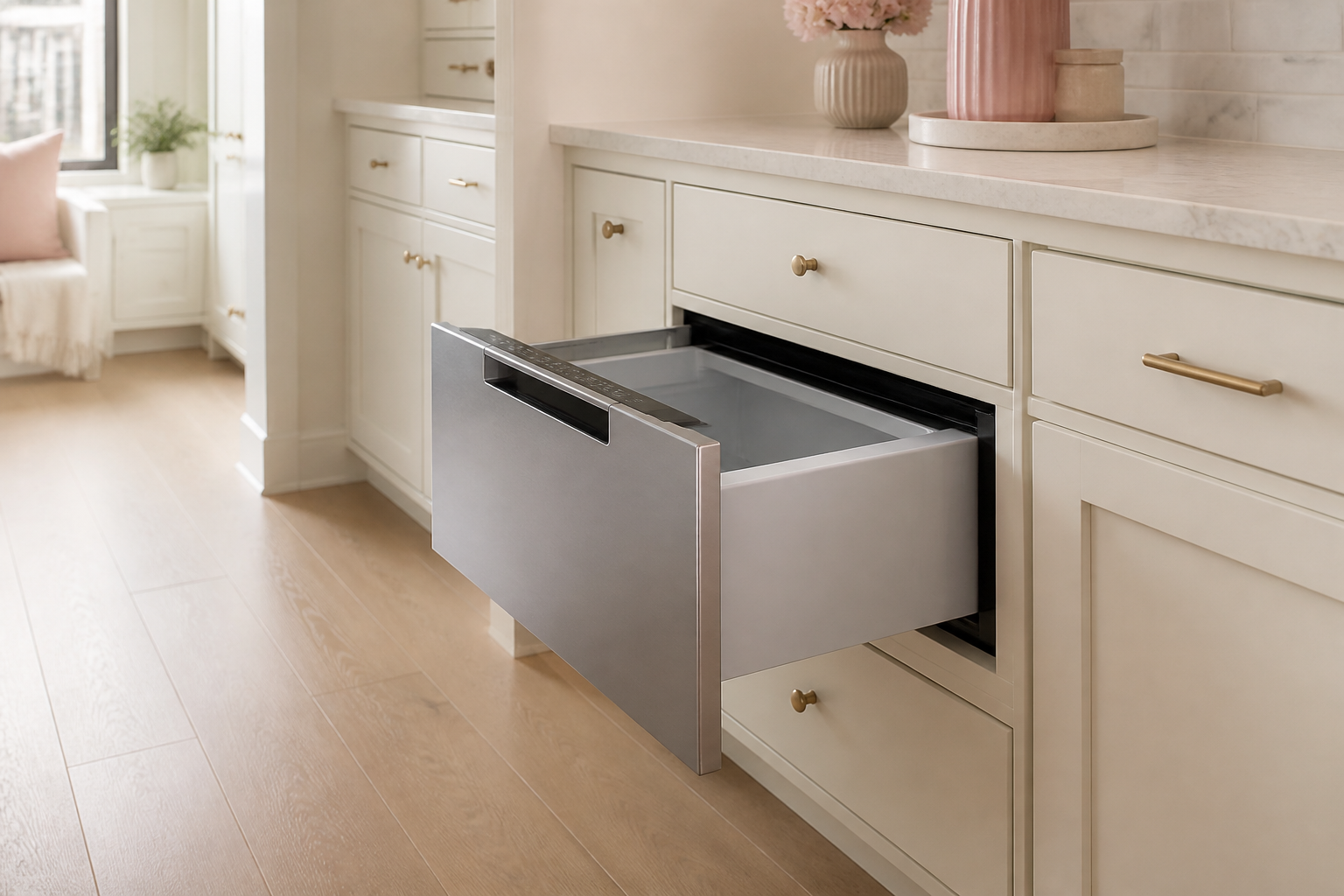 Recognizable microwave drawer partly open below a counter, with a narrow control strip and a generous clear aisle.