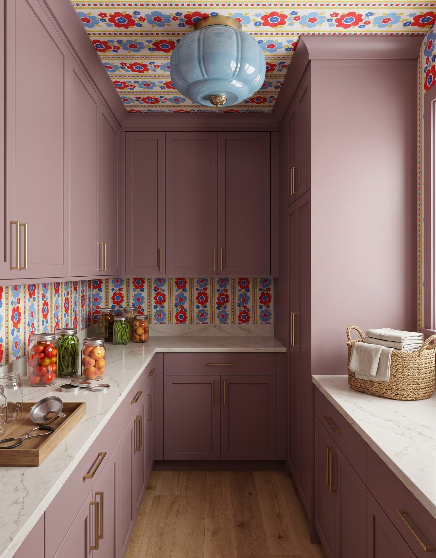 AI-created concept: Mauve pantry cabinets with red-and-blue floral wallpaper, glass jars, a towel basket and a pale-blue light.