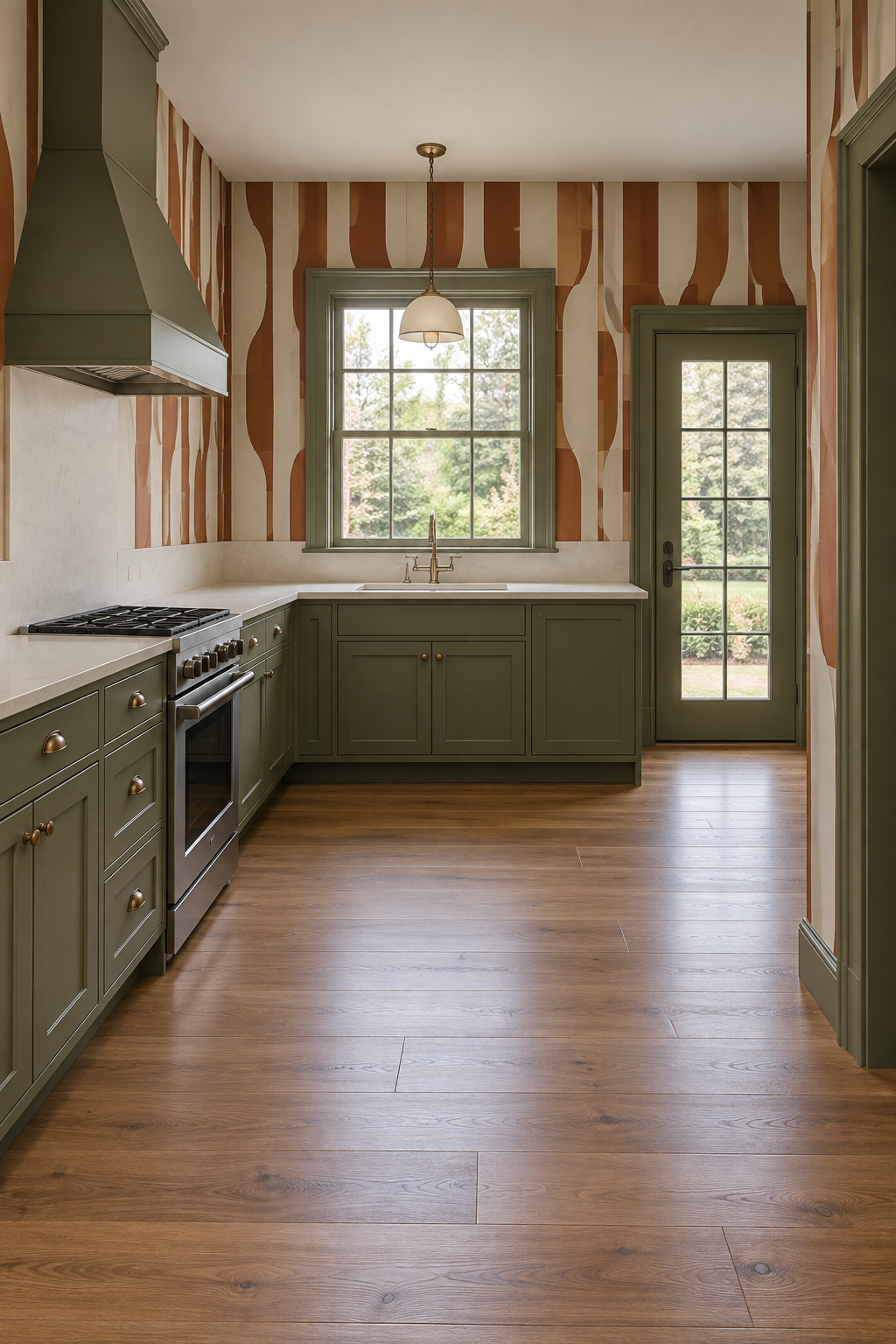 Generated kitchen concept with olive base cabinets on two walls and an open passage beside the work area leading to a glazed exterior door.