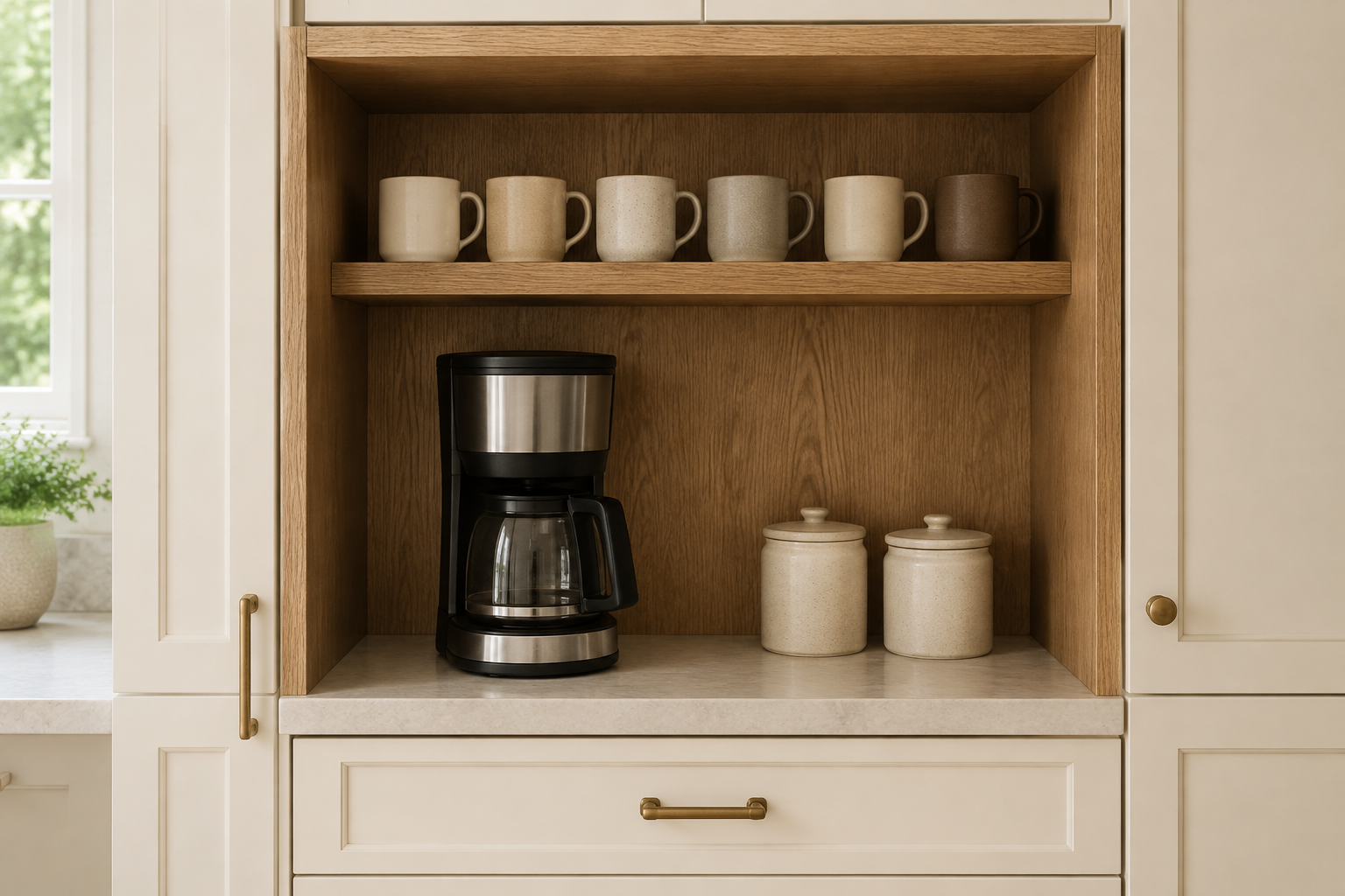 Coffee niche with mugs on a reachable fixed shelf and labeled-by-shape canisters and drawers grouped below.