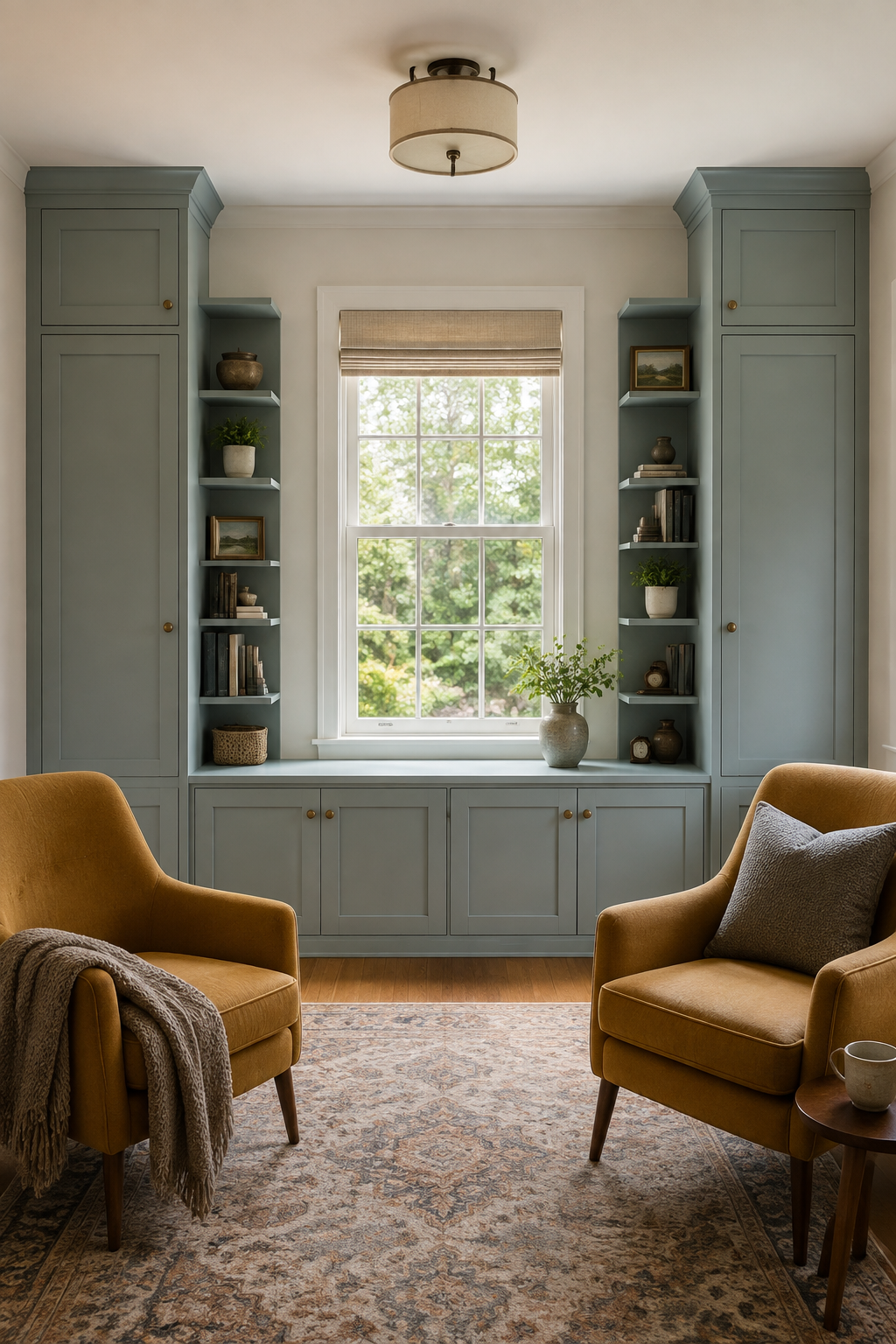 Pale blue-green built-ins framing an operable window with low closed storage, short open shelves, and mustard chairs.