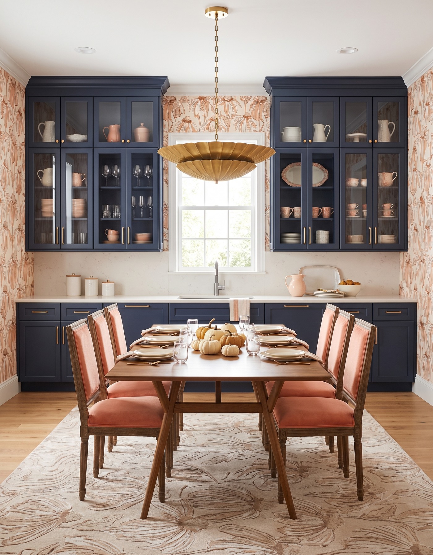 AI-created concept: Navy kitchen with warm botanical walls, coral chairs and a wood table set with pale plates, linen and pumpkins.