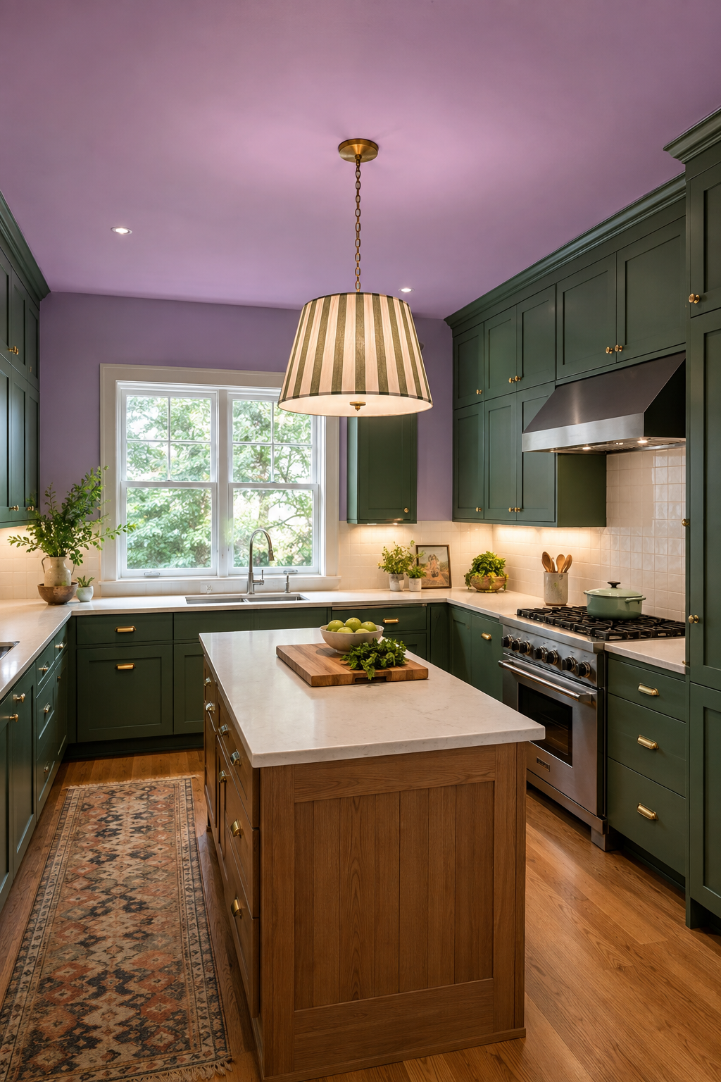 Concept image of a vibrant green U-shaped kitchen with a lilac ceiling, a clear prep island, and one striped pendant centered above it.