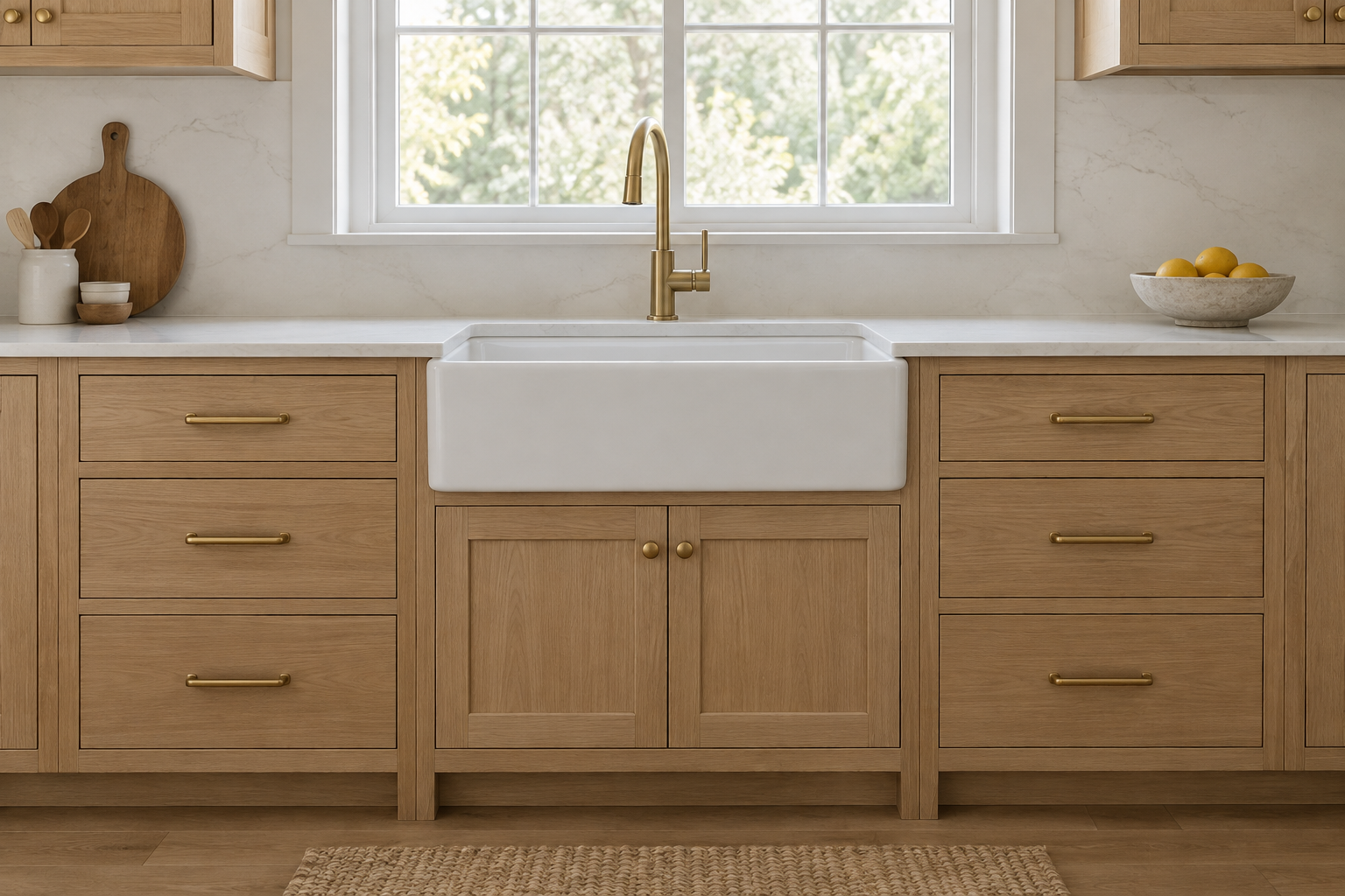 White apron-front sink fitted between quartz counters above two closed oak cabinet doors, with separate drawer bases on both sides.