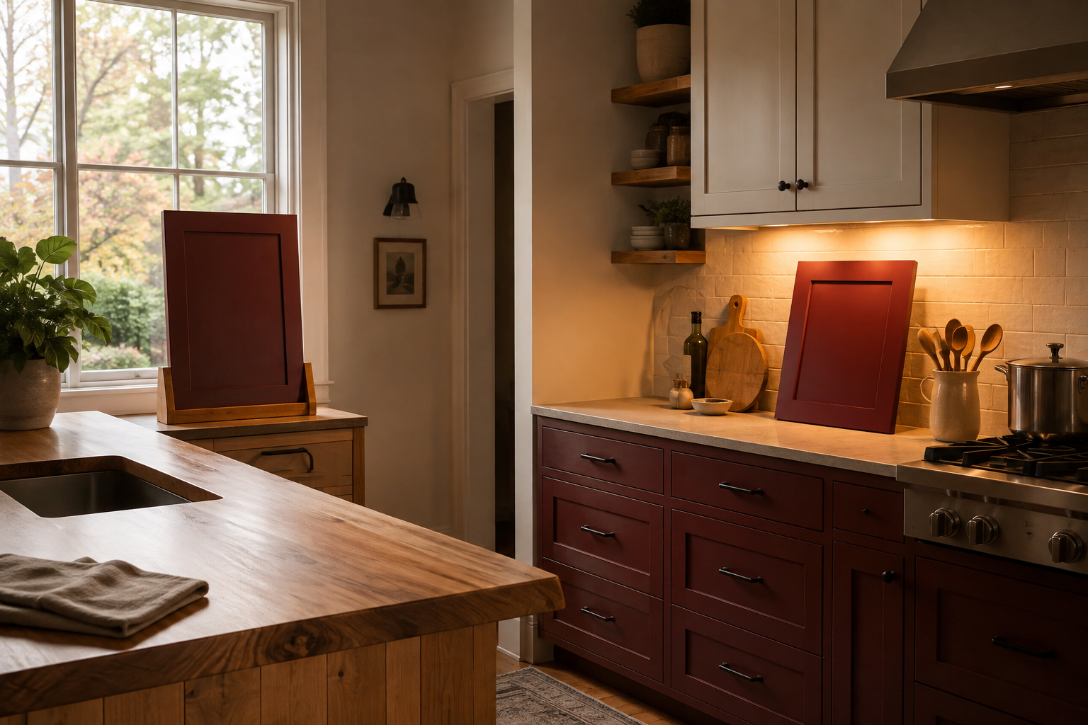 Red cabinet sample boards viewed beside a bright window and under warm task lighting.