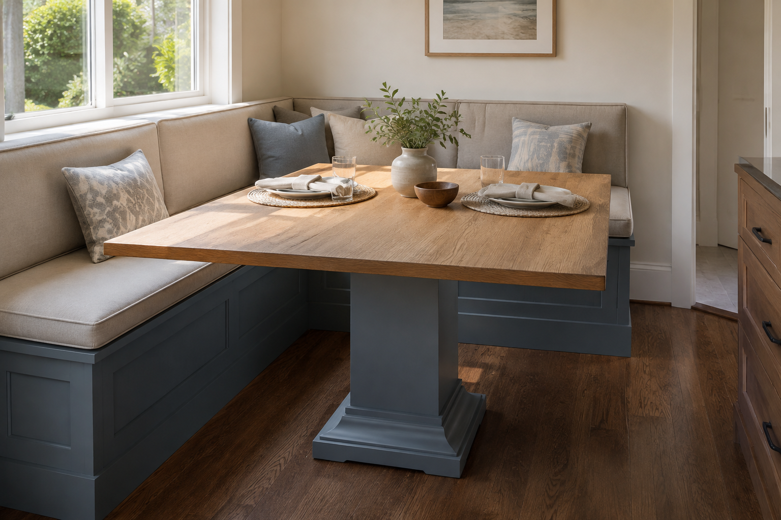An L-shaped banquette surrounds a rectangular oak table on one centered pedestal with clear knee and foot space.