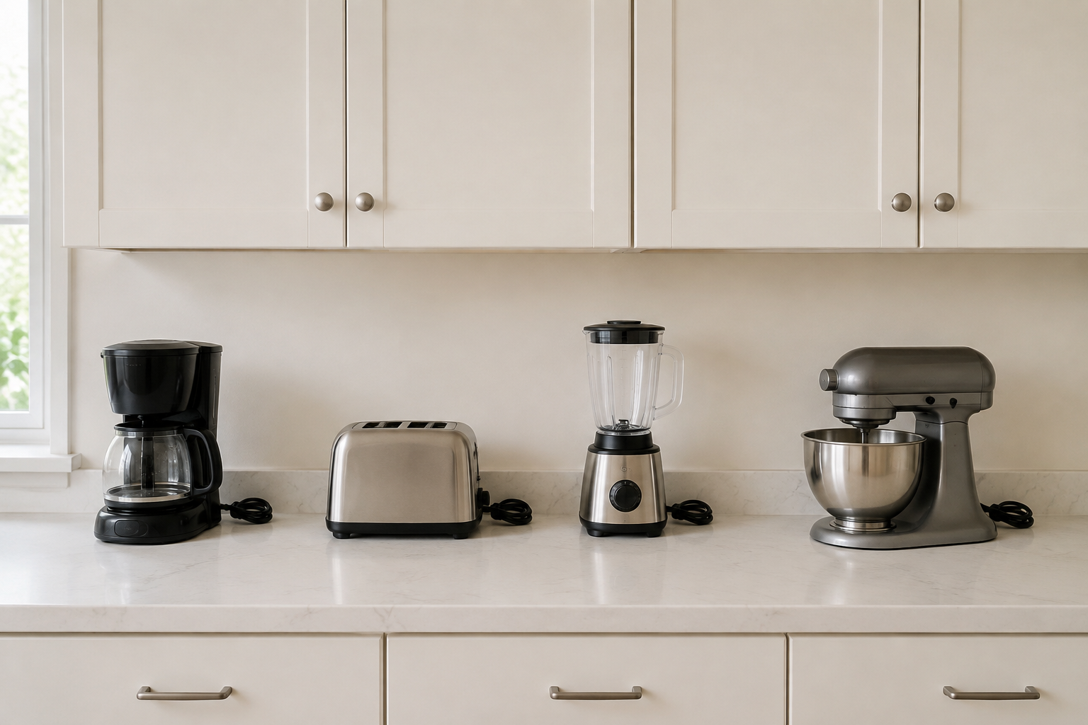 Coffee maker, toaster, blender, and stand mixer arranged on an open counter with their cords visible for planning.
