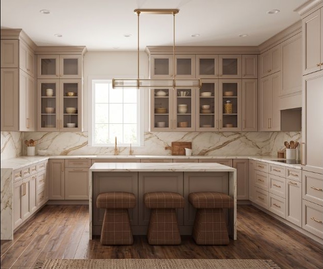 Moody and balanced kitchen palette with practical cabinet and counter relationships.