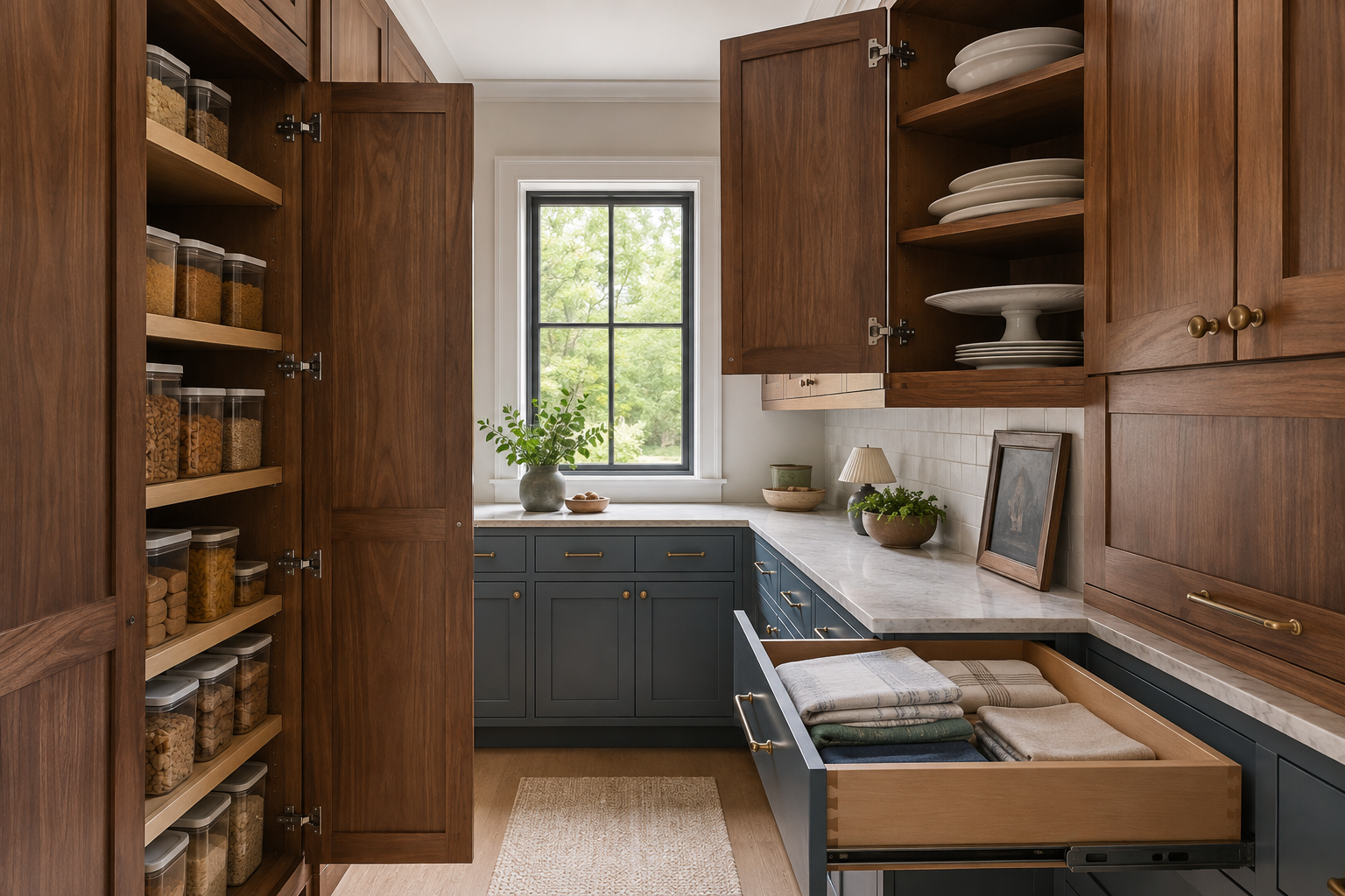 Complete walnut pantry cabinets open on attached hinges to show dry-goods shelves and serving platters while a separate blue drawer holds linens.
