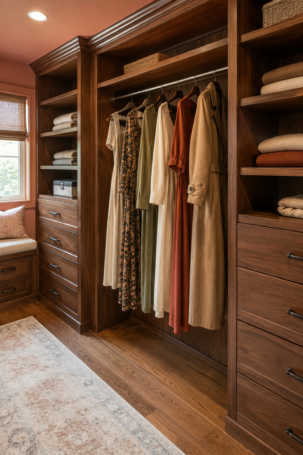 Warm walnut closet with a dedicated full-height bay where dresses and coats hang clear of the floor and adjacent drawers.